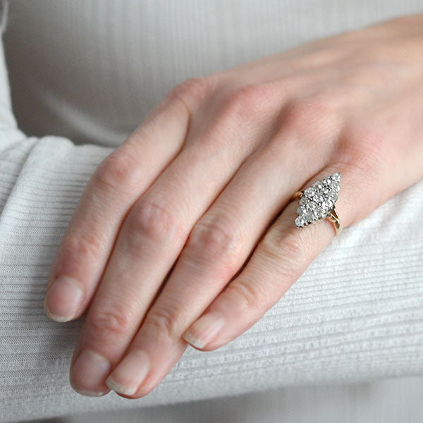 Victorian Style 15kt Gold & Sterling Silver Pavé Diamond Navette Ring - Elegant Vintage Jewelry for Weddings, Anniversaries & Special Occasions
