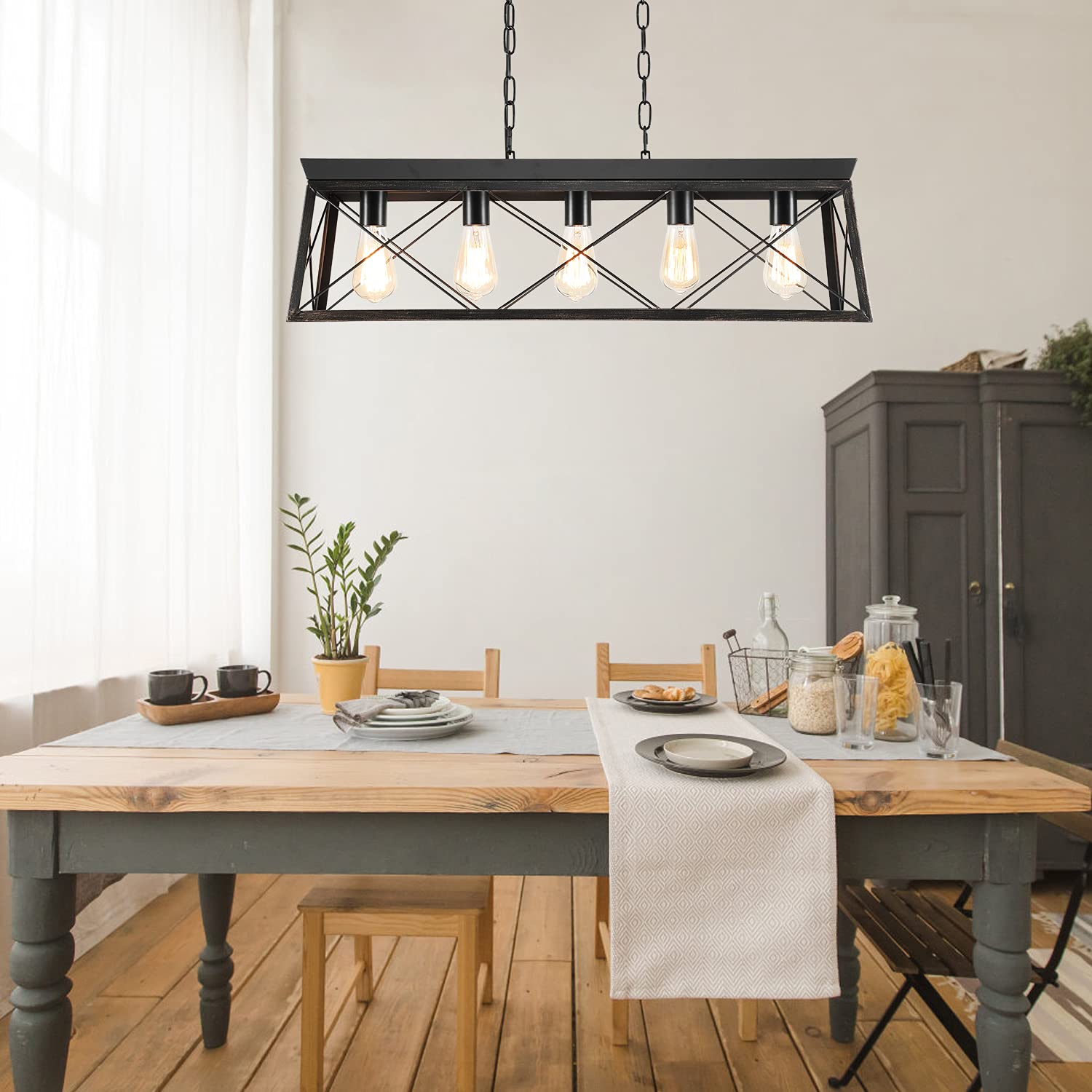 5-Light Black & Gold Industrial Chandelier - Modern Hanging Pendant Light for Kitchen Island & Dining Room | Farmhouse & Contemporary Home Decor | Perfect for Kitchen Lighting, Breakfast Nook & Dining Area