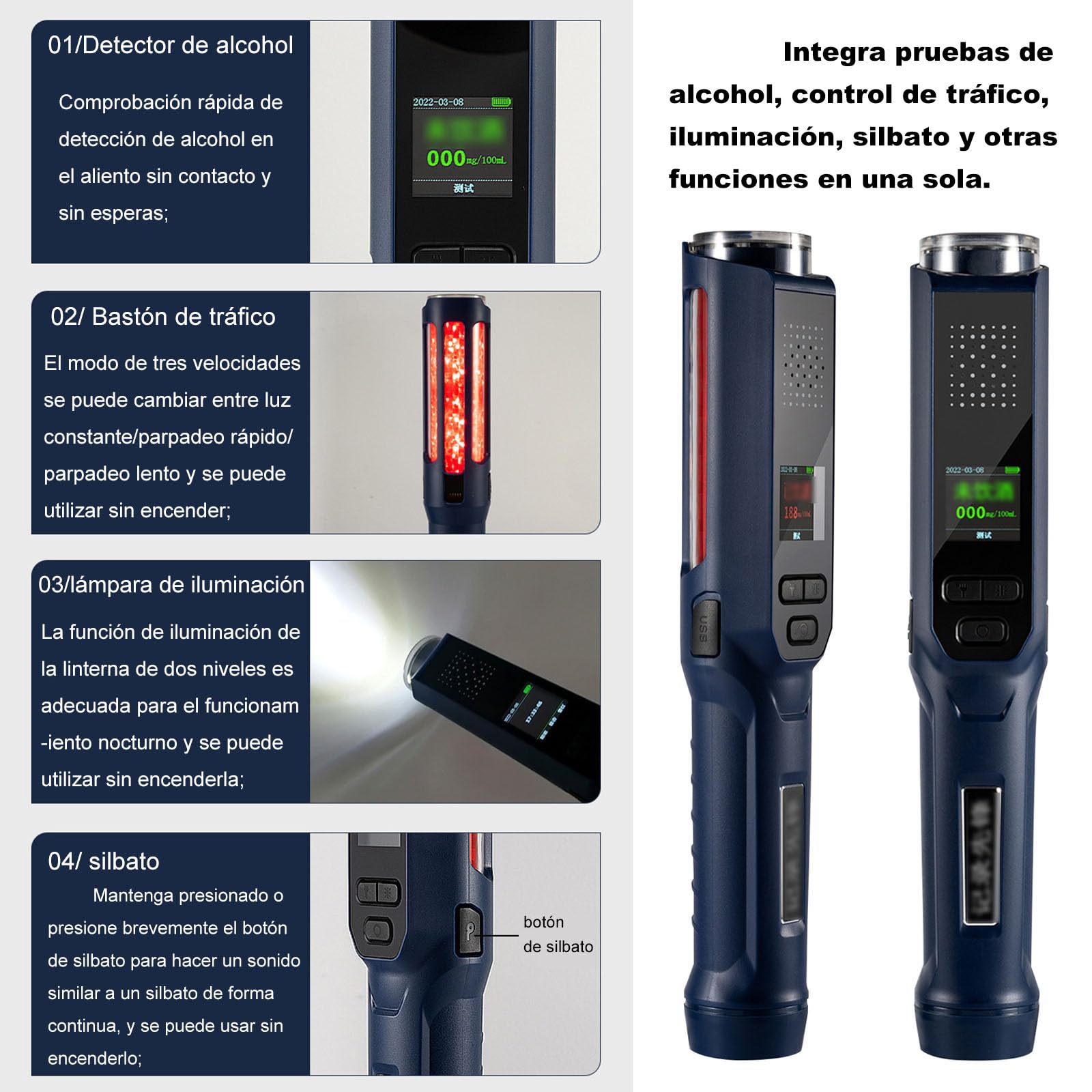 Professional Alcohol Breathalyzer - USB Rechargeable Portable Digital LCD Alcohol Tester with Contactless Quick Detection & Voice Broadcast (Blue, 26.2x4.5cm) - Perfect for Personal Safety, Workplace Testing, and DUI Prevention