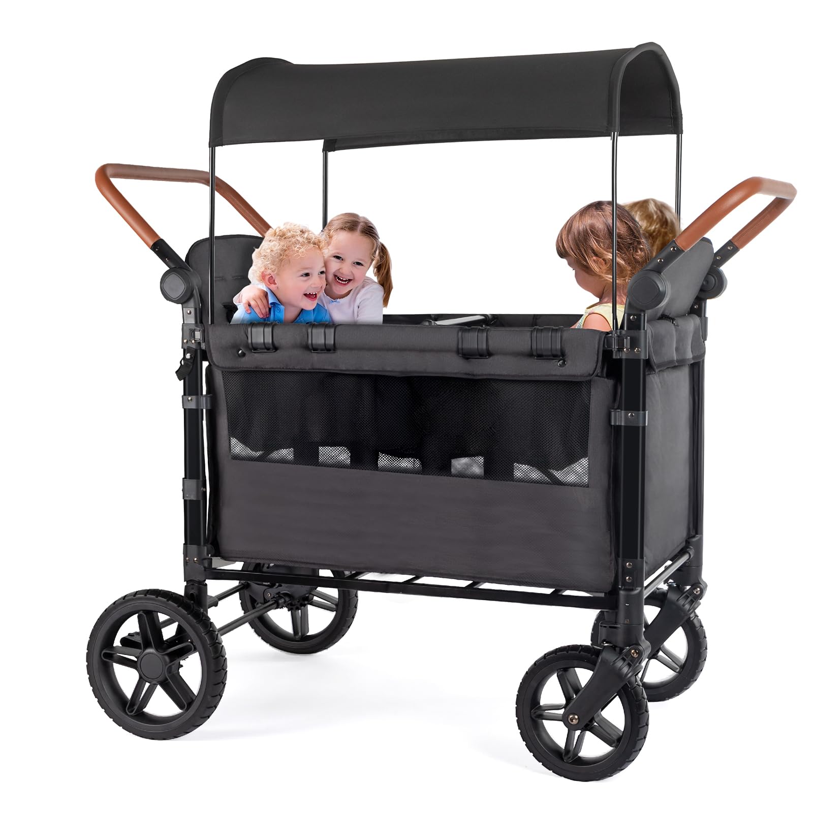 **4-Seater Foldable Stroller Wagon for Kids - Adjustable Handle, Canopy, Organizer & 5-Point Safety Harness (Black) - Perfect for Family Outings, Beach Trips & Shopping**