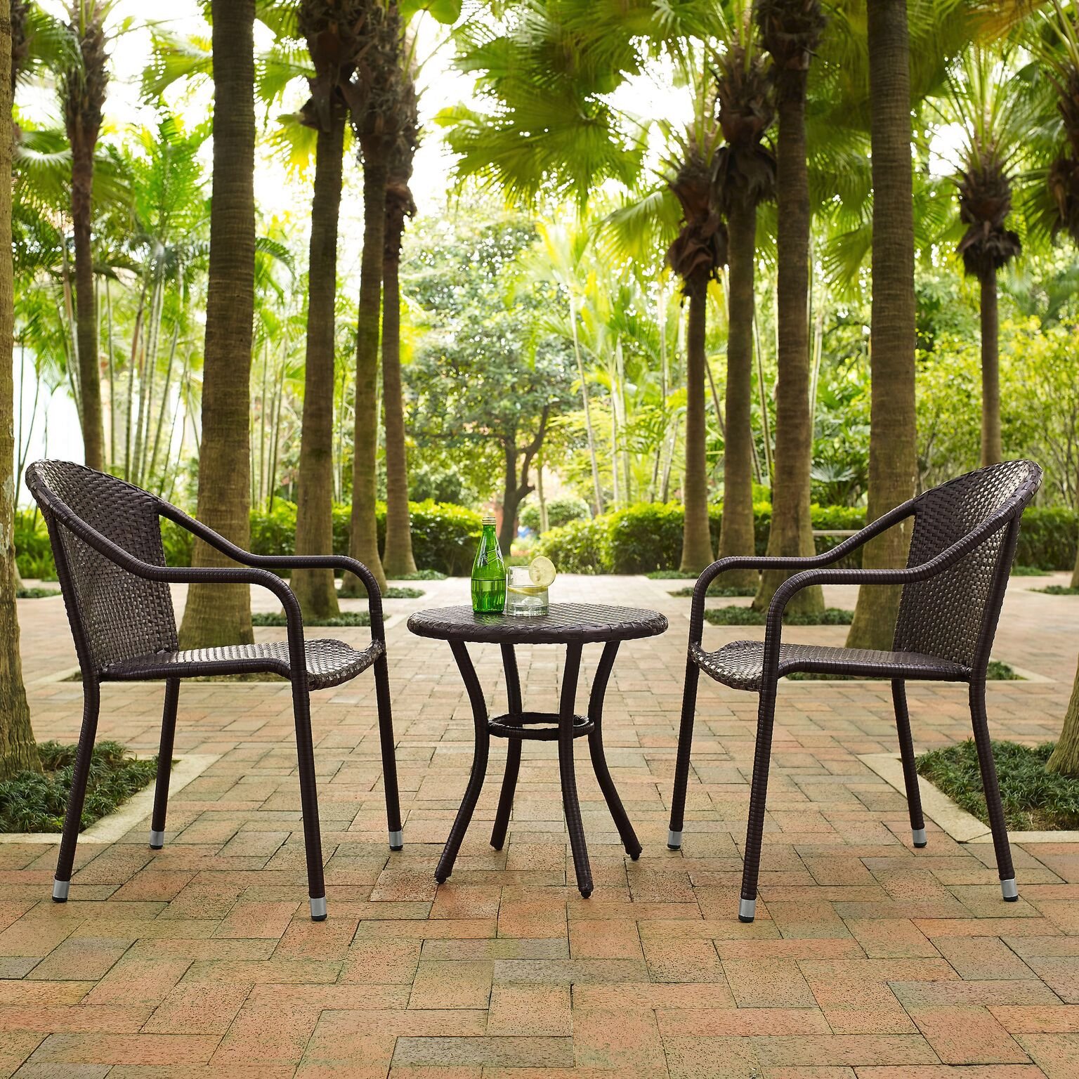 Crosley Palm Harbor 3-Piece Wicker Patio Set with Side Table & 2 Stackable Chairs - Brown Rattan Outdoor Furniture for Garden, Poolside & Backyard Relaxation