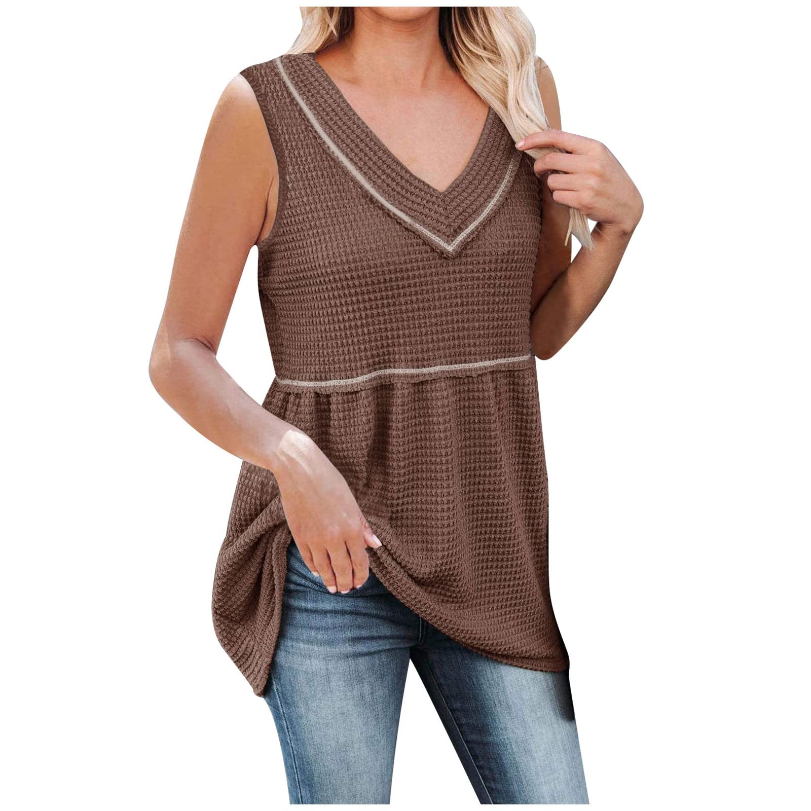 Women's Waffle Knit V-Neck Tank Top - Loose Fit Tunic Blouse for Summer | Casual Sleeveless Cami Shirt for Beach, Travel & Everyday Wear