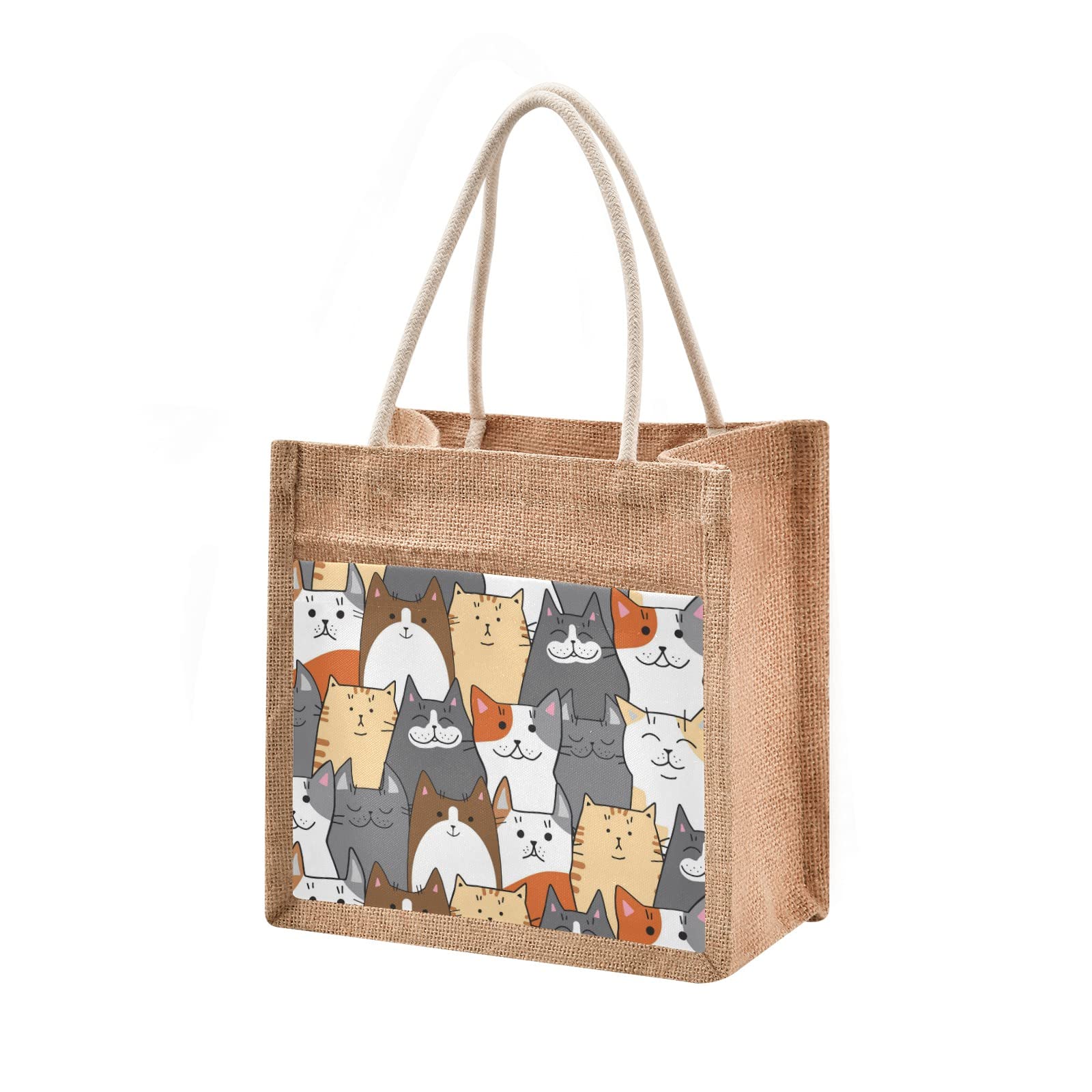Funny Cat Jute Tote Bag with Zipper & Front Pocket - Reusable Grocery Shopping Bag for Beach, Market & Travel - Eco-Friendly Burlap Gift Bag 10x10 Inches