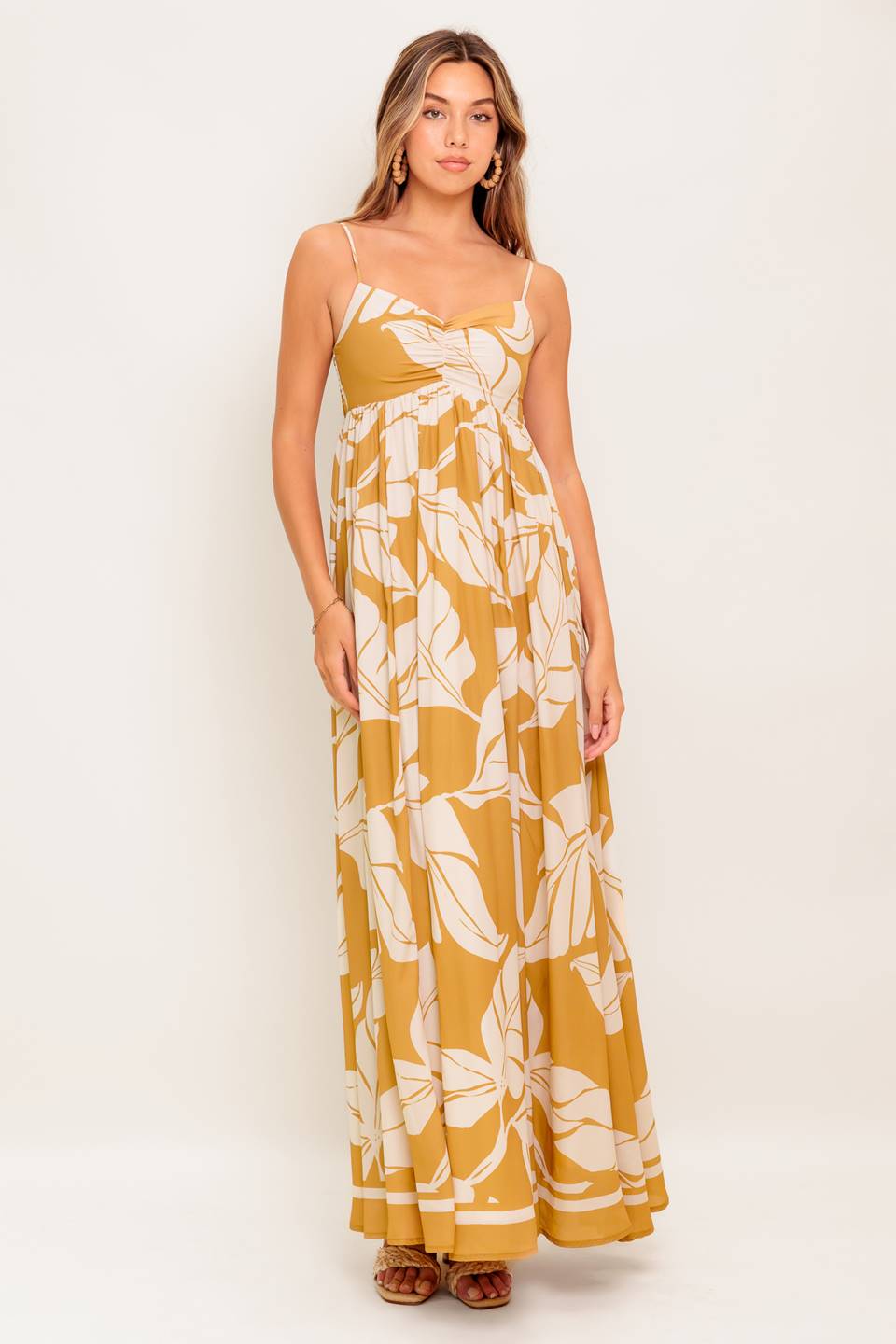 Meredith Maxi Dress with Leaf Print - Flowy Summer Dress for Women, Beach Vacation & Boho Style Outfits