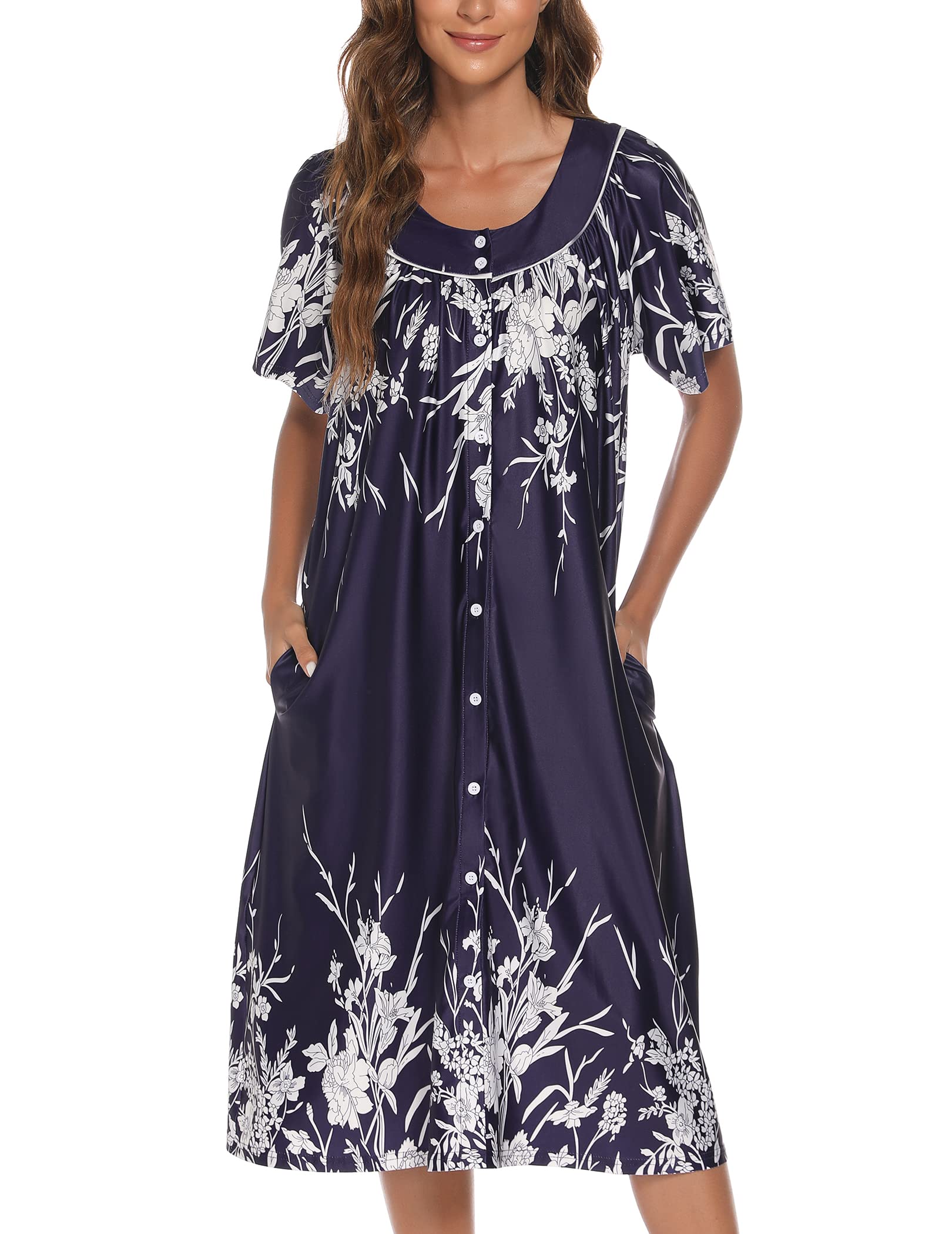 YOZLY Women's Short Sleeve House Dress - Comfortable Mumu Duster Robe with Pockets for Lounge Wear, Maternity & Postpartum - Perfect for Home, Relaxation & Nursing