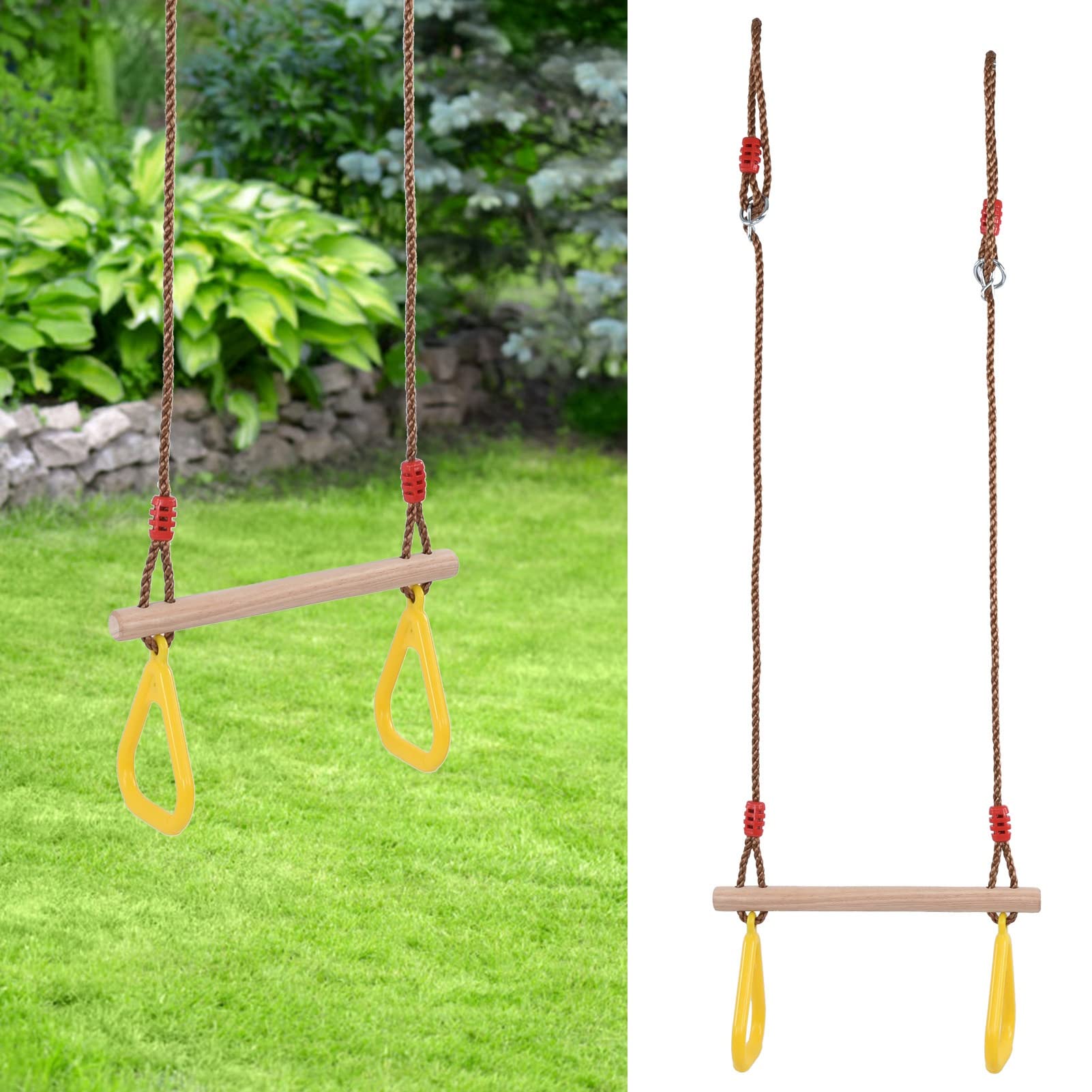 Kids Trapeze Swing Bar with Rings - Indoor & Outdoor Jungle Gym Play Set for Swingset - Perfect for Backyard Playground, Treehouse, and Home Gym Fun