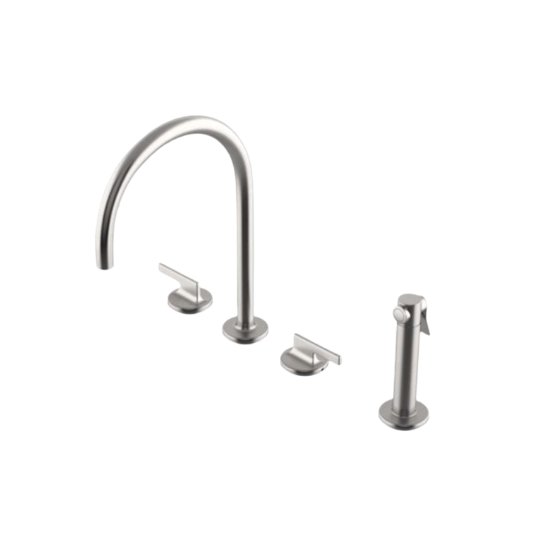 High-Quality Chrome Three-Hole Gooseneck Kitchen Faucet with Metal Lever Handles & Pull-Down Sprayer - Perfect for Modern Farmhouse, Commercial, and Residential Kitchen Sinks