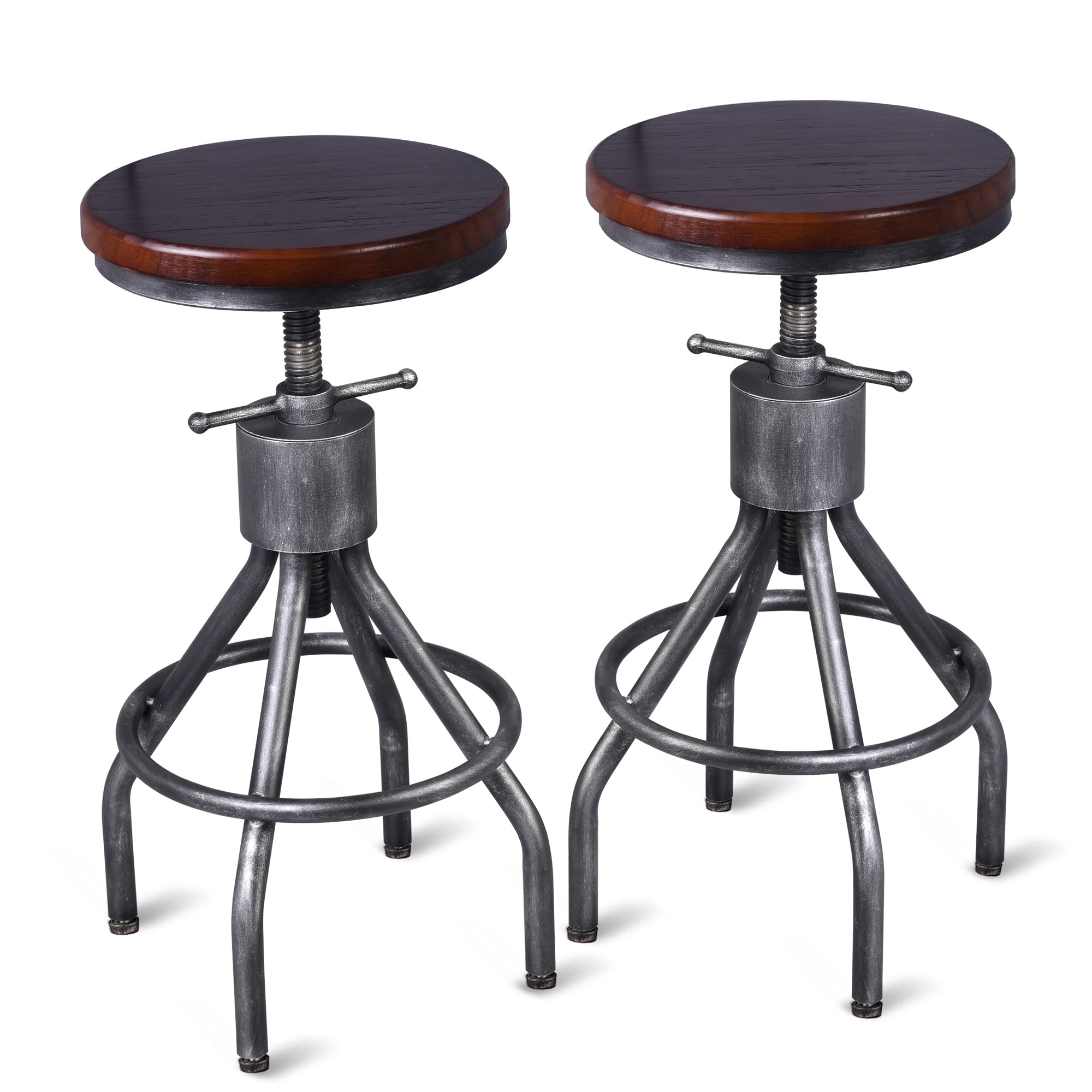 Set of 2 Adjustable Industrial Bar Stools - Swivel Kitchen Island Chairs with 22-33 Inch Height Adjustment for Dining, Home Bar & Cafe Use
