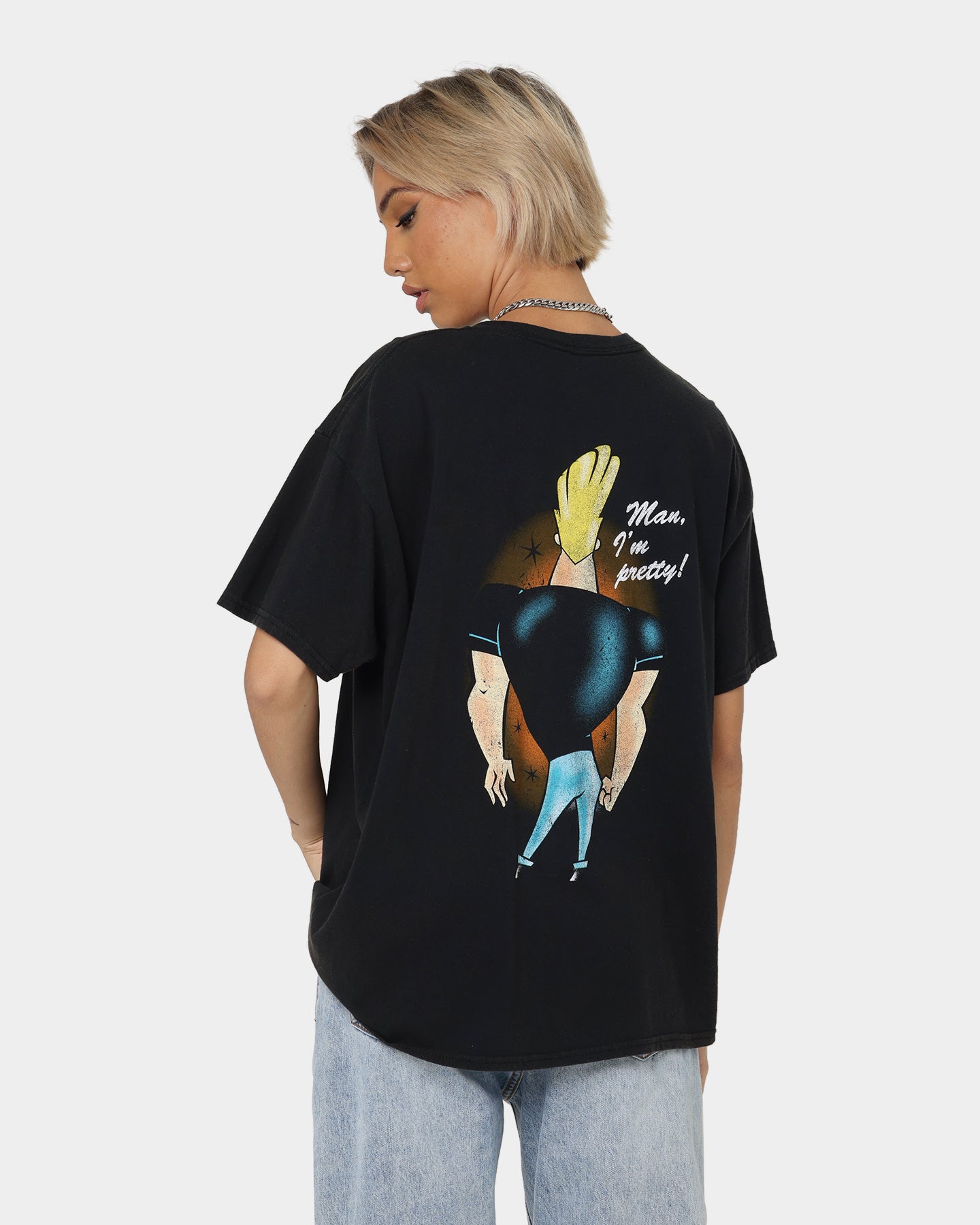 Vintage Johnny Bravo Graphic T-Shirt for Men - Black Washed Retro Style Tee - Perfect for Casual Wear, Cosplay, and 90s Nostalgia Fans