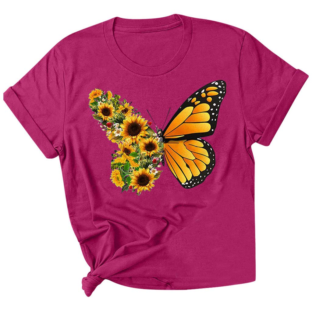 Women's Summer Graphic Tees - Casual Short Sleeve Printed Tops with Sunflower & Butterfly Design - Perfect for Beach Outings, Music Festivals and Casual Wear