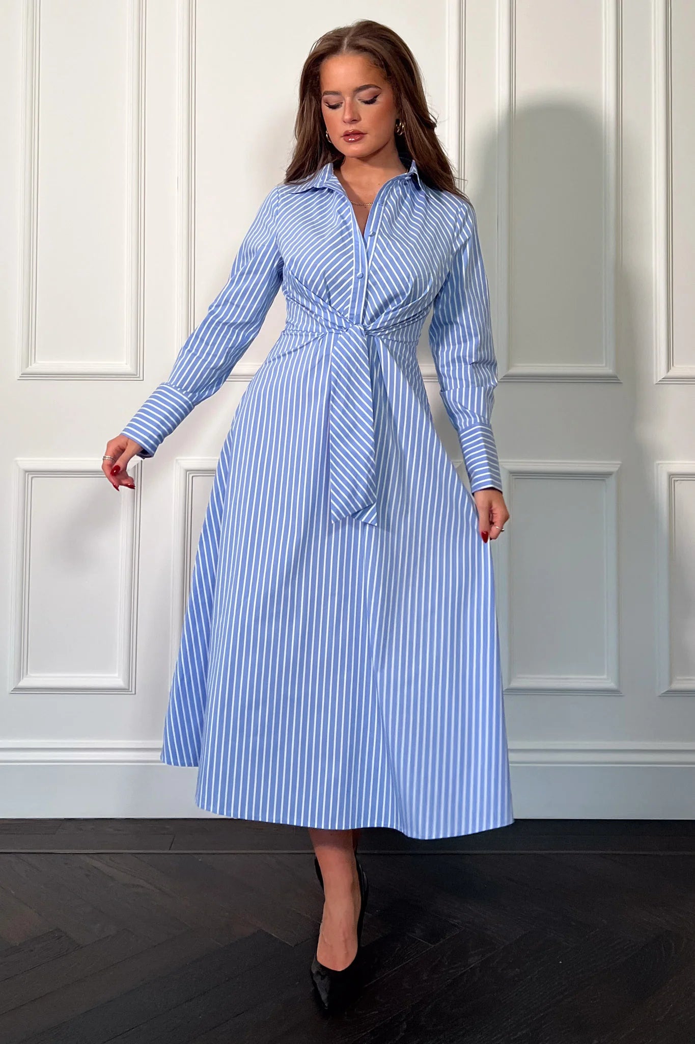 Isabella Blue Pin Stripe Tie Front Dress - Women's Elegant Casual Summer Dress for Office, Party & Date Night