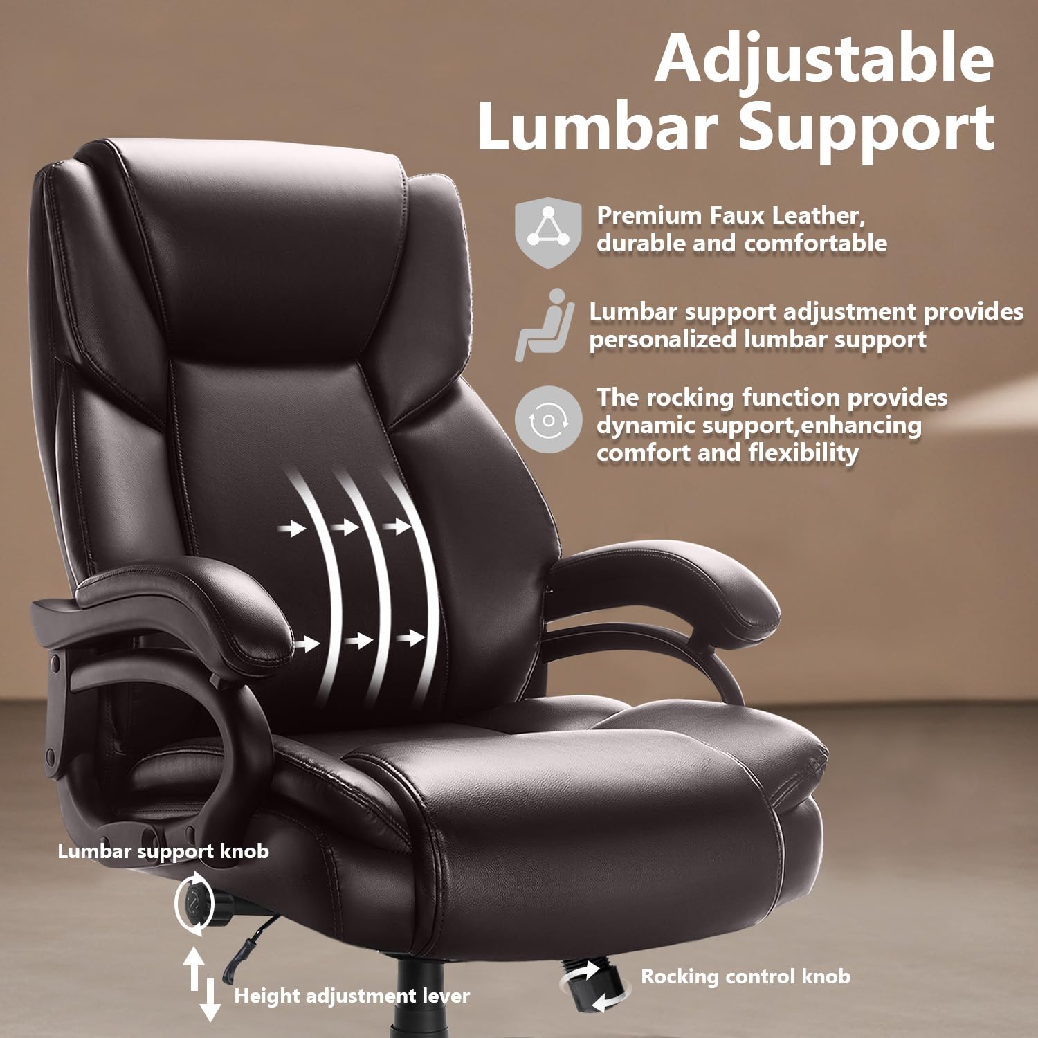 Waleaf 500lbs Heavy Duty Big and Tall Office Chair - Adjustable Ergonomic Executive Chair with Lumbar Support, High Back & Quiet Rubber Wheels - Perfect for Heavy People, Home Office, Gaming & Workspaces