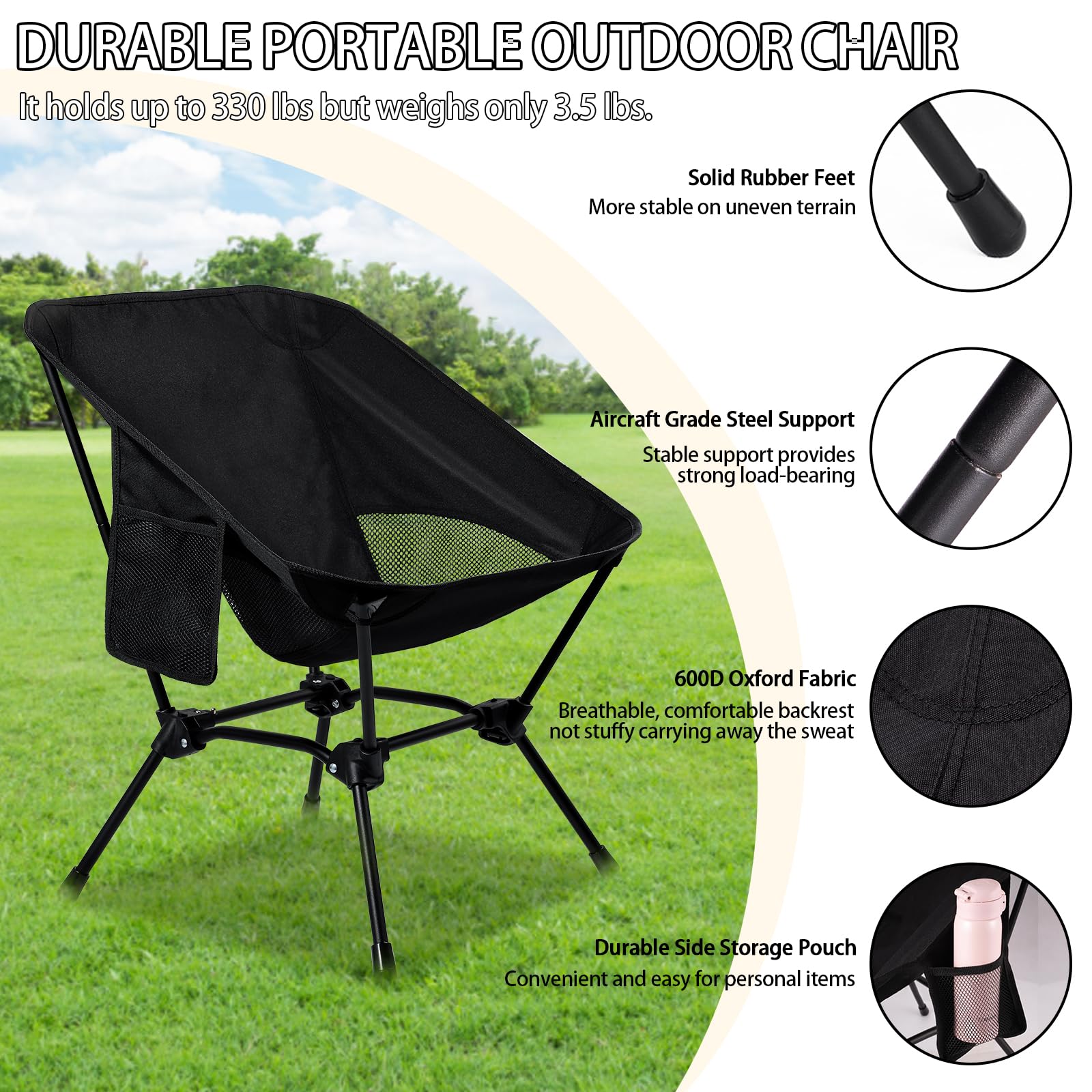 Ultralight Portable Folding Camping Chair for Adults - Compact Beach Lawn Chair with Storage Pocket - Outdoor Backpacking Chair for Travel, Picnic, Hiking & Beach - Supports 330 lbs - Perfect for Camping Trips, Backyard Relaxation & Outdoor Adventures