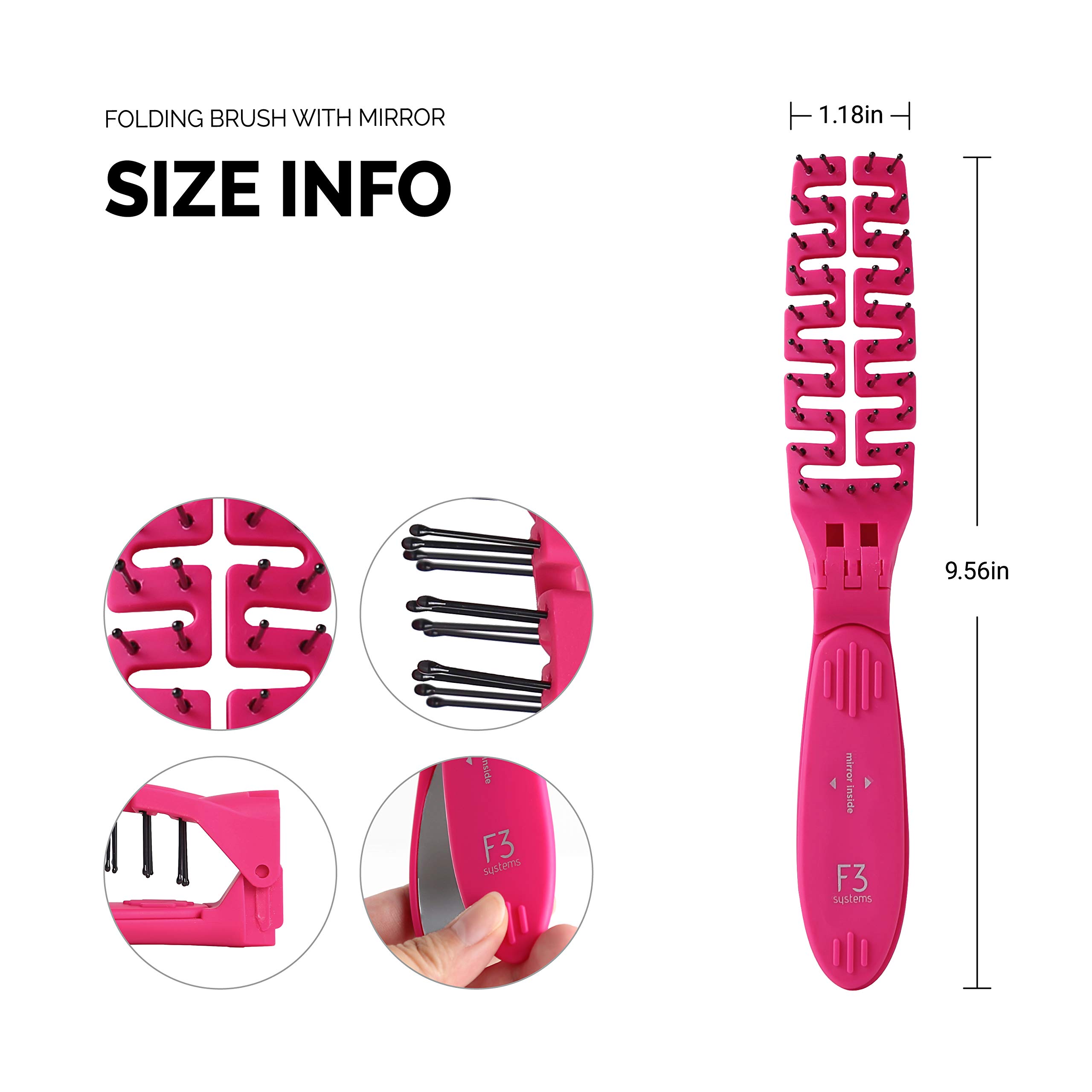 F3 Systems Folding Hair Brush with Mirror - Compact Travel Hairbrush for Adults & Kids, Detangling Comb for Wet & Dry Hair - Portable Pocket Size for Shiny Healthy Hair - Perfect for Travel, Gym, Purse & On-the-Go Styling
