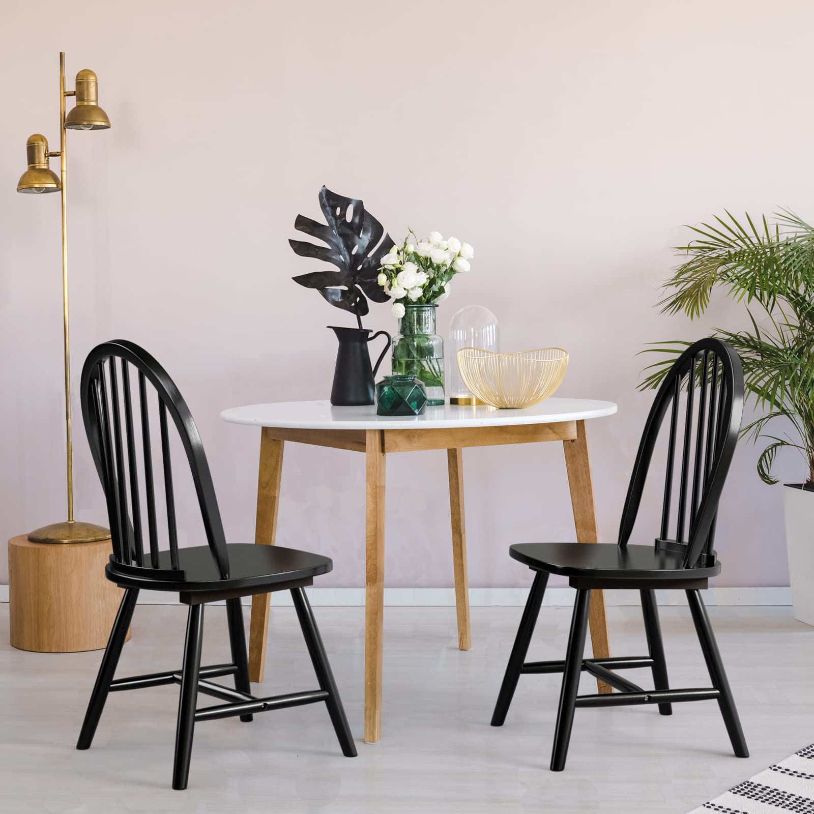 KOTEK Set of 2 Windsor Dining Chairs - Solid Wood Spindle Back Chairs with Wide Seat, Farmhouse Style Armless Side Chairs for Kitchen, Dining Room & Living Room - Perfect for Family Gatherings & Home Decor (Black)