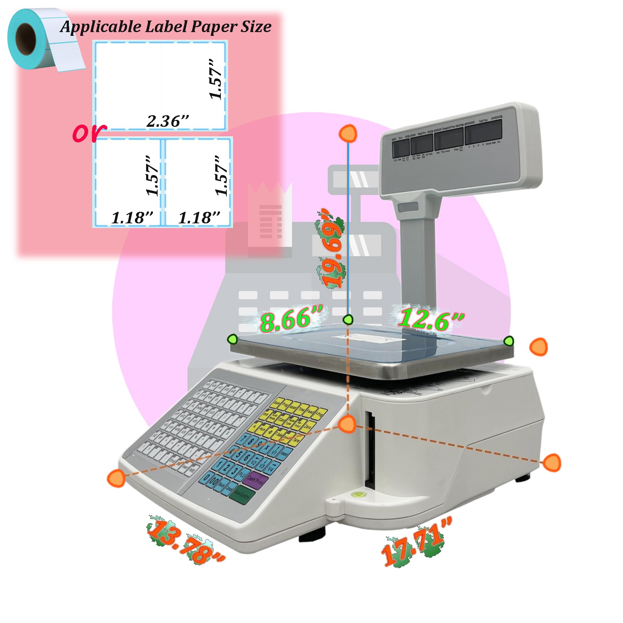 INTSUPERMAI 30lbs Digital Price Computing Scale with Thermal Label Printer - 4 Display Windows & Pole - Double-sided Commercial Supermarket Scale for Retail, Grocery, and Warehouse Use