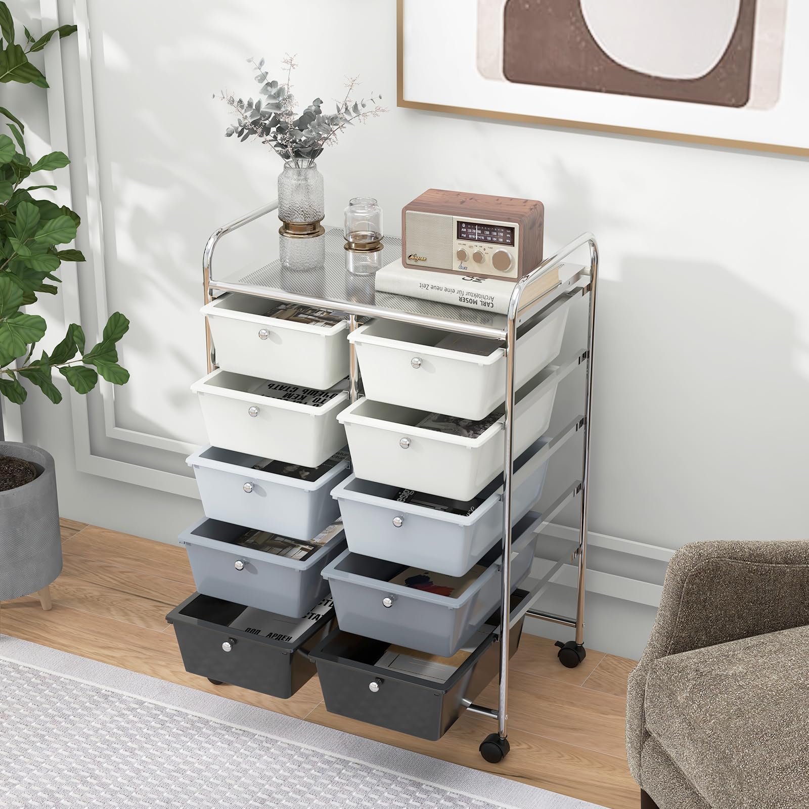 HAPPYGRILL 10-Drawer Rolling Storage Cart with Lockable Wheels - Mobile Organizer Utility Cart for Beauty Salon, School, Office & Home (Grey Gradient) - Perfect for Salon Supplies, Classroom Organization & Home Storage Solutions