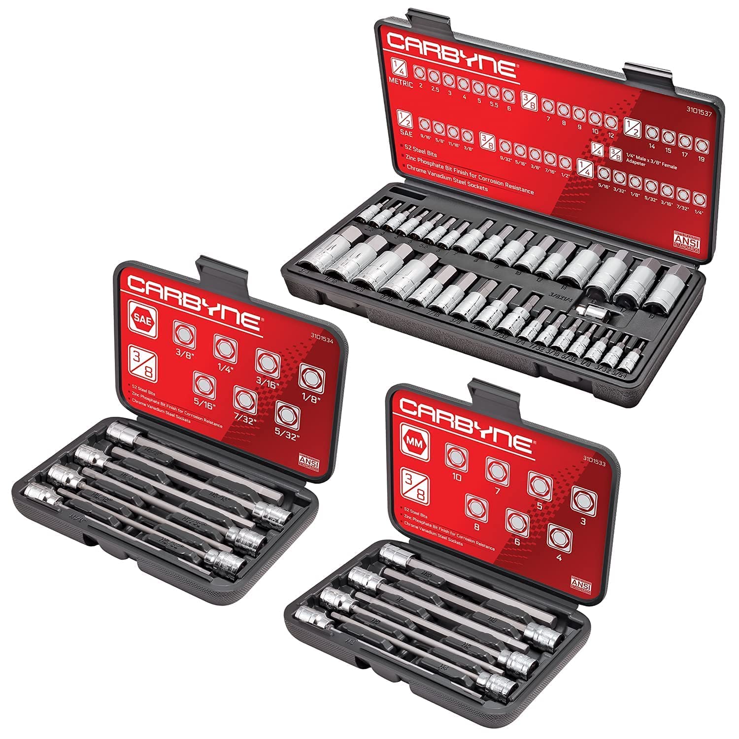 CARBYNE 47-Piece Hex Bit Socket Set - 33 Master + 7 Extra Long Metric & 7 Extra Long SAE - Professional Grade Tool Kit for Automotive Repair & DIY Projects