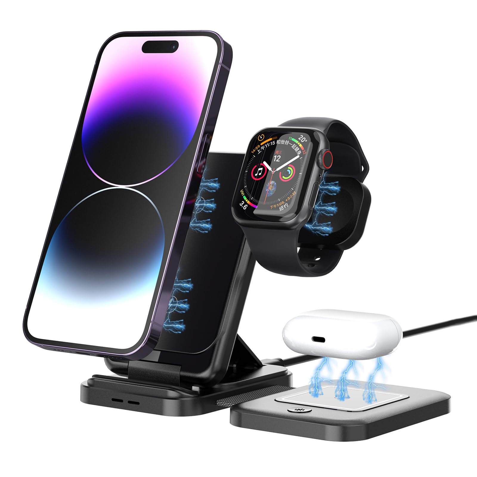 3 in 1 Foldable Wireless Charger with Magsafe - Portable Charging Station for iPhone 15/14/13/12, AirPods & Apple Watch | Fast Wireless Charger for Travel, Office & Nightstand Use