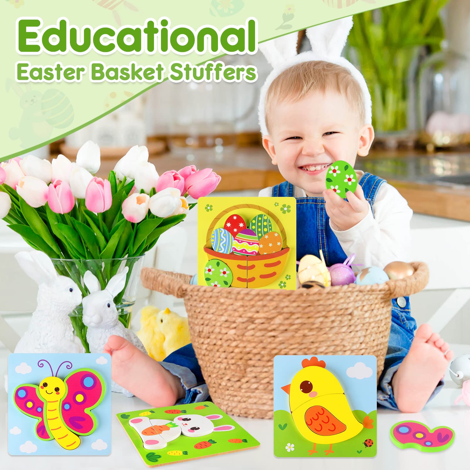 4 Pack Wooden Animal Puzzles for Toddlers - Montessori Learning Toys for 1 2 3 Year Old Boys & Girls - Easter Basket Stuffers & Educational Gifts for Babies - Perfect for Early Childhood Development & Holiday Gift Giving