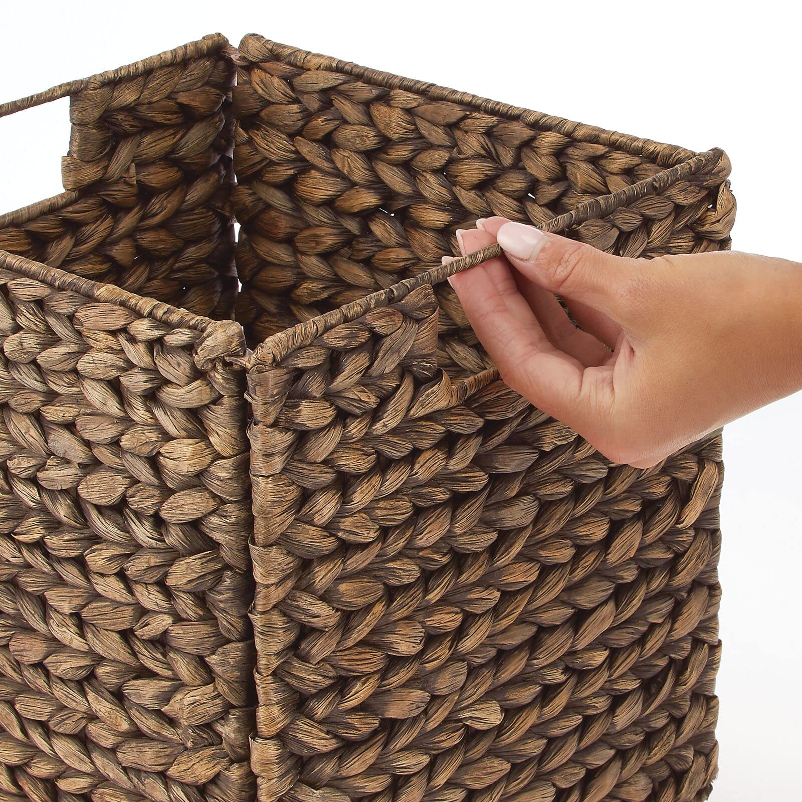 Natural Woven Hyacinth Storage Baskets with Handles - 8 Pack Brown Wash Cube Organizers for Kitchen Cabinet, Pantry Shelf & Cubby Storage | Perfect for Snacks, Small Appliances & Home Organization | Space-Saving Storage Solution for Bedroom, Bathroom & Office