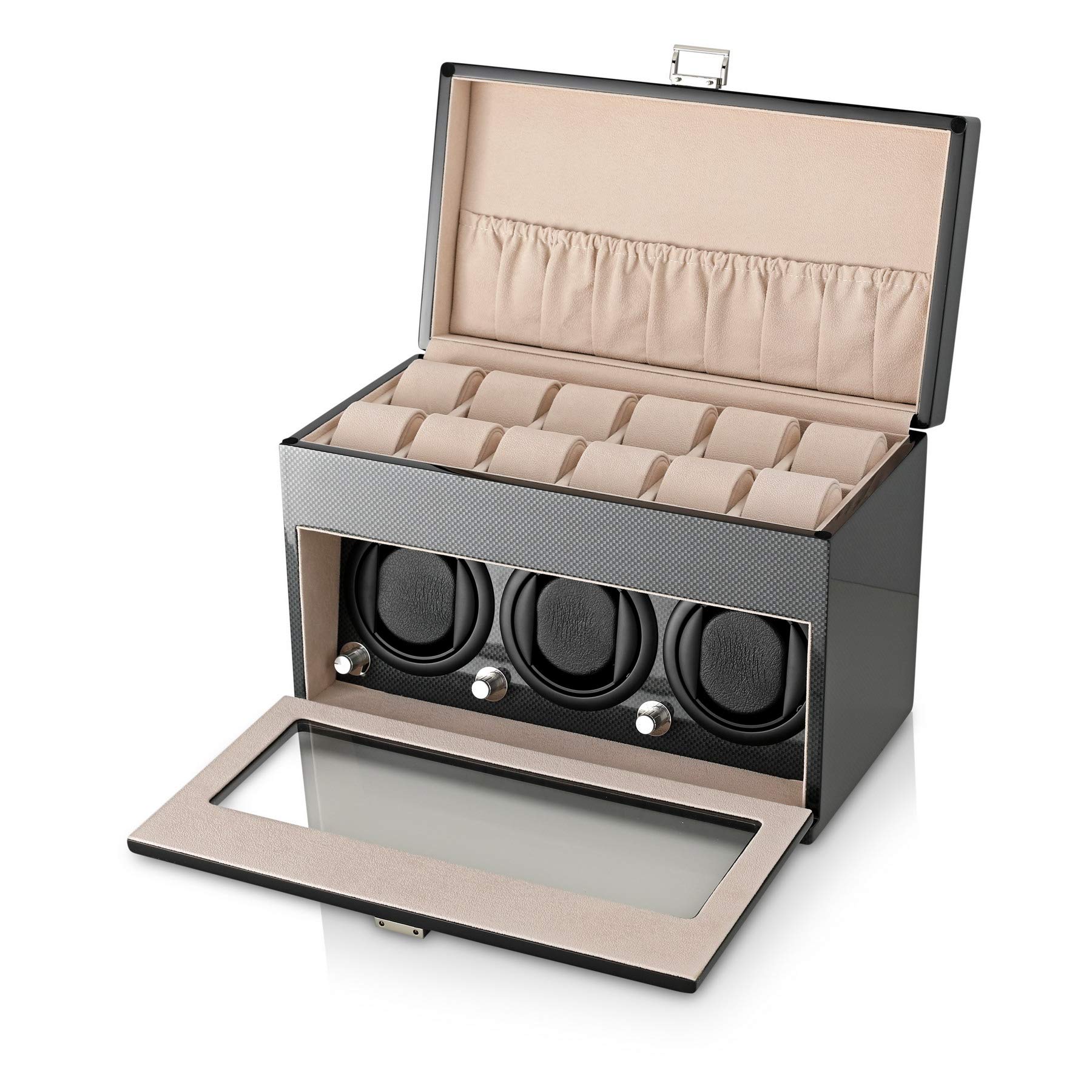 Premium Automatic Watch Winder for 3 Watches with 12-Slot Storage Box - Perfect for Watch Collectors & Luxury Timepiece Enthusiasts | Home Display & Travel Protection