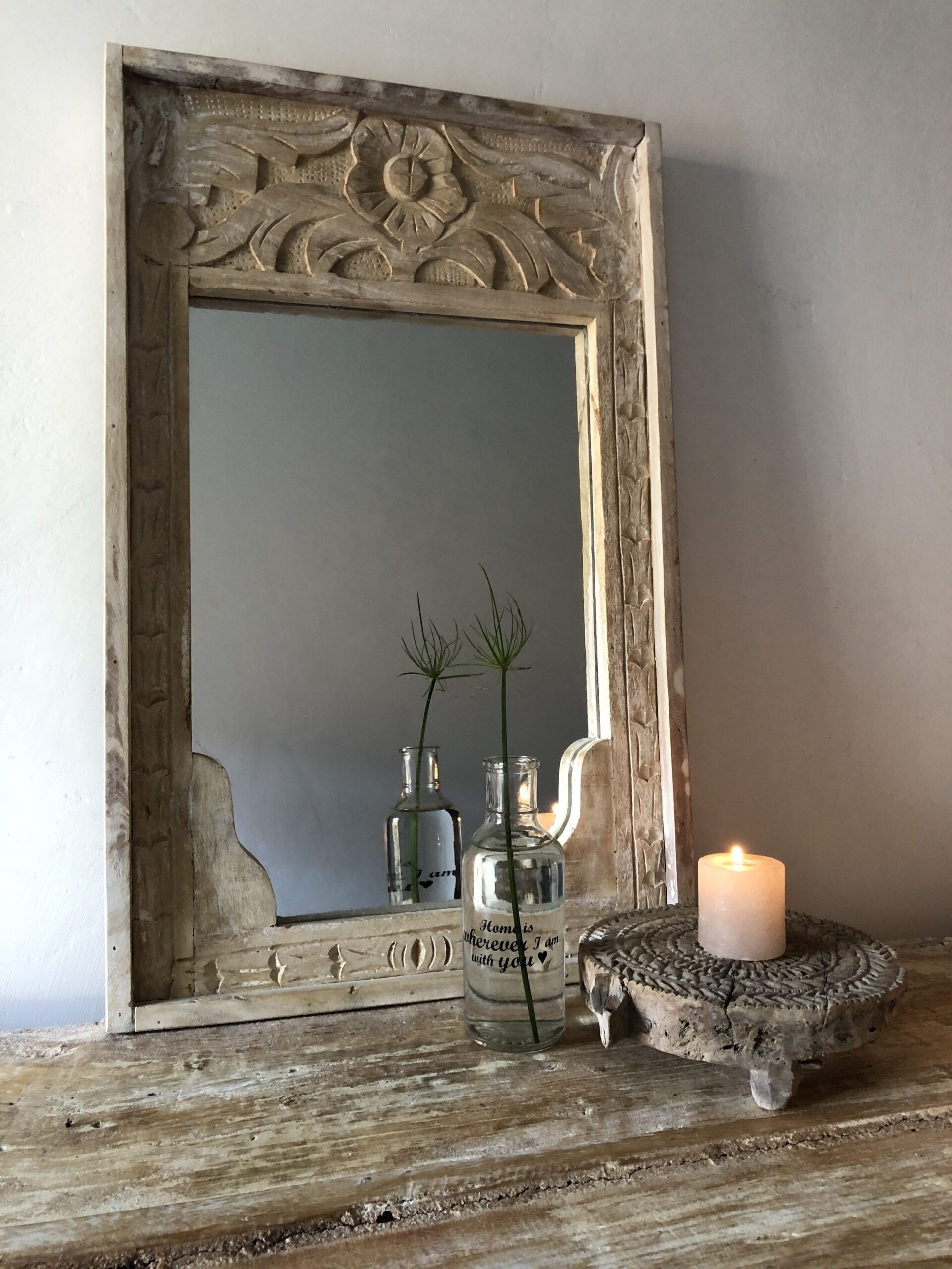 Hand Carved Indian Solid Wood Mehrab Style Mirror - 60cm Bleached Finish - Elegant Wall Decor for Living Room, Bedroom & Entryway