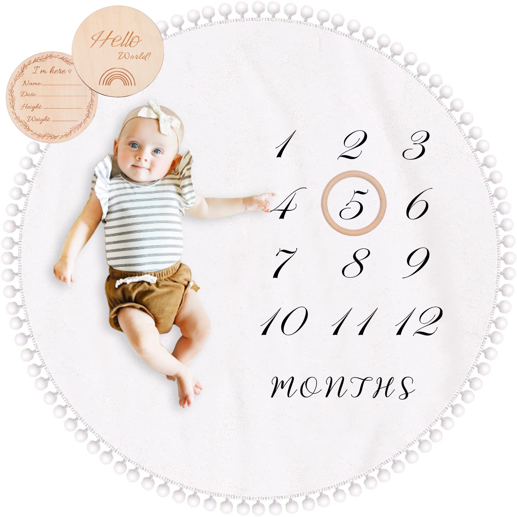 Baby Milestone Blanket & Play Mat - Double-Sided Flannel Rug with Pom Poms & Photo Cards (43.3