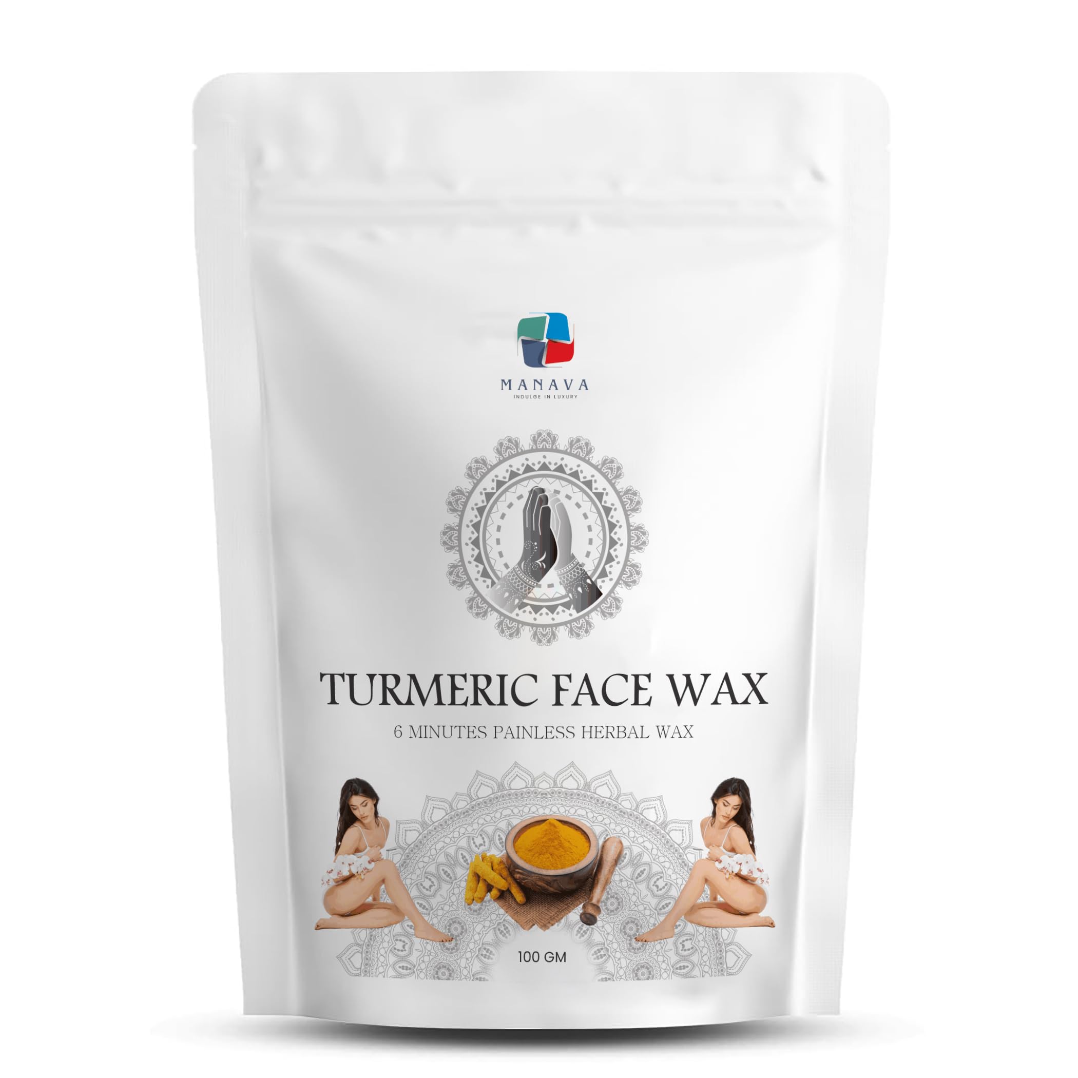 MANAVA INDULGE IN LUXURY Turmeric Face Wax Powder - Painless 5-Minute Hair Removal with Skin-Brightening Benefits | Gentle Facial & Upper Lip Hair Remover for Women & Girls | 100g Natural Hair Removal Powder | Perfect for At-Home Spa Days & Pre-Party Prep
