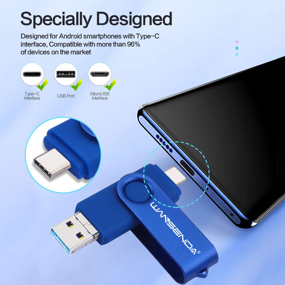 WANSENDA 128GB 3-in-1 USB Flash Drive OTG for Android/PC/Mac - Navy Blue