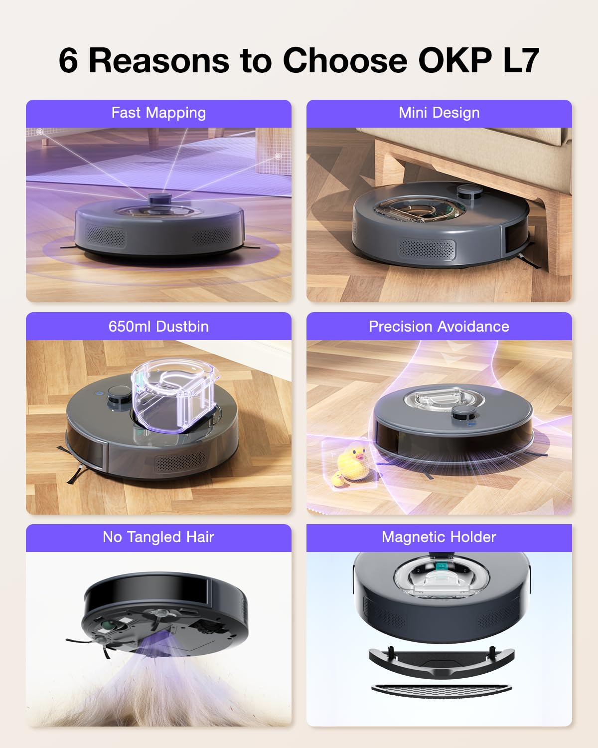 OKP L7 Robot Vacuum and Mop Combo - 6000Pa Strong Suction, LiDAR Navigation & 3D Mapping for Hard Floors & Pet Hair - Smart No-Go Zones, WiFi/App/Alexa Control - Perfect for Daily Cleaning, Pet Owners & Smart Homes