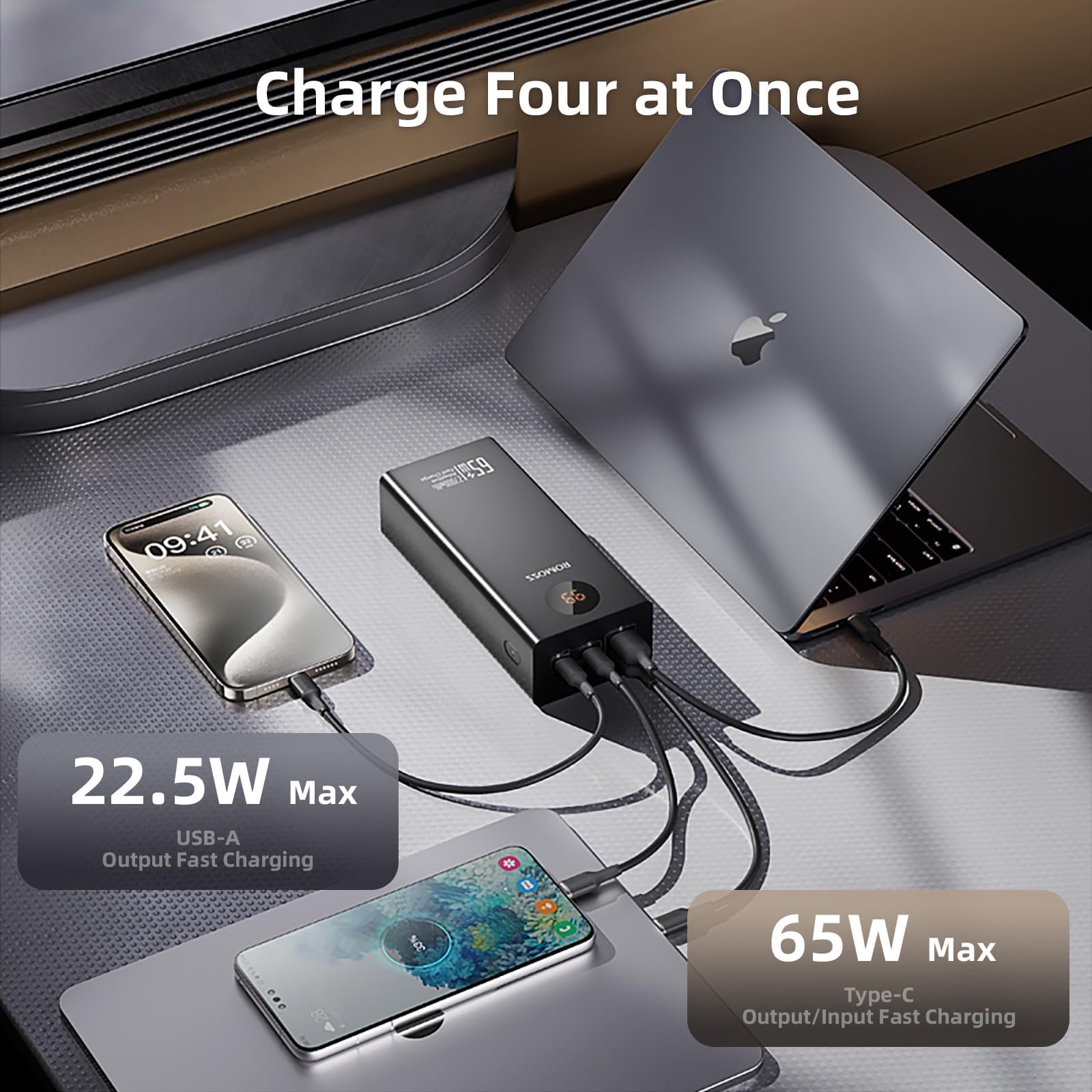 ROMOSS 27,000mAh 65W USB-C Fast Charging Power Bank - Portable Laptop Charger for MacBook Pro, Dell XPS, Steam Deck | External Battery Pack for iPhone 15/14, iPad, Samsung Galaxy | Perfect for Travel, Work, and Outdoor Adventures