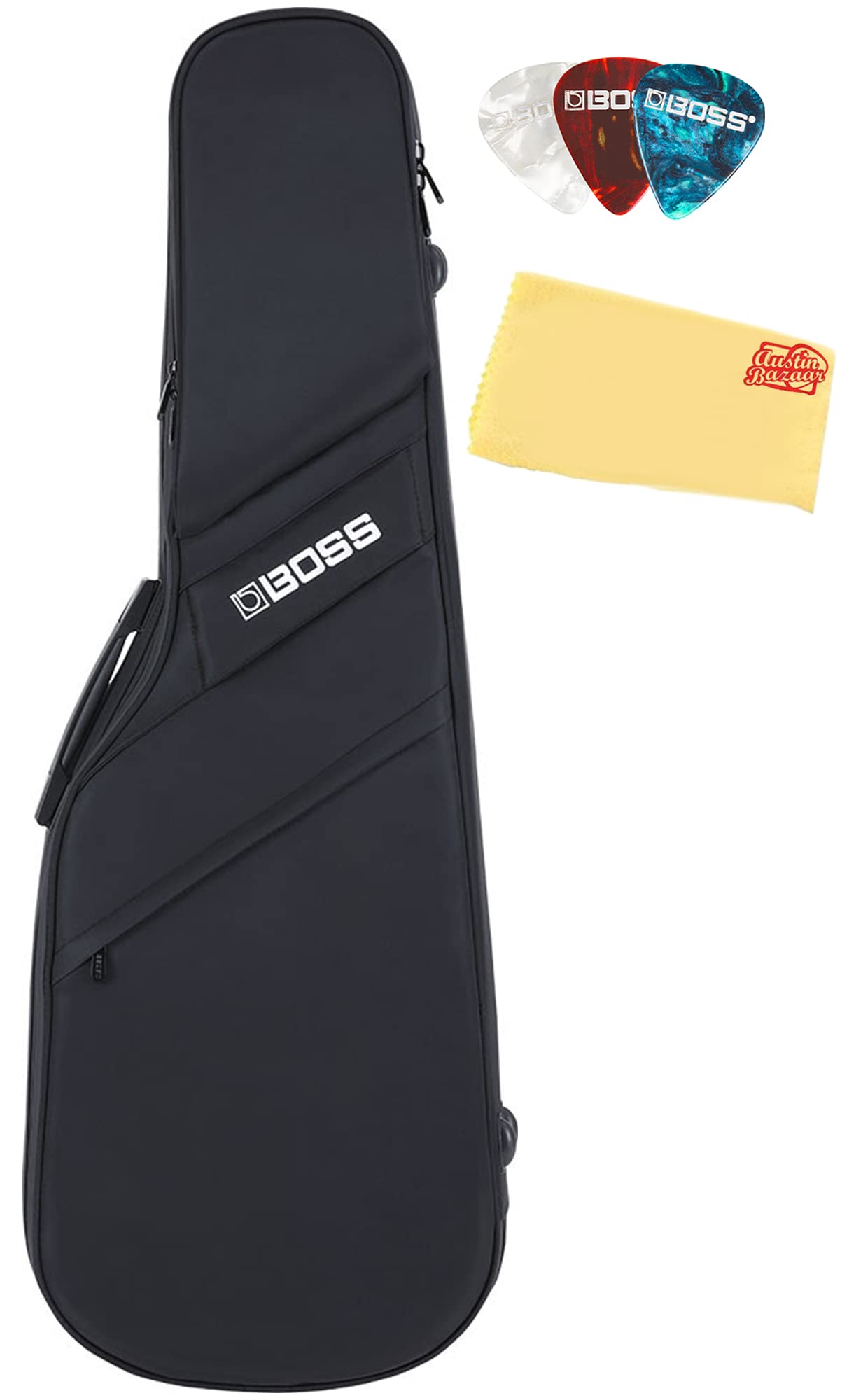 Boss CB-EG20 Electric Guitar Gig Bag Bundle with 5 Picks & Polishing Cloth - Perfect for Travel, Practice & Stage Performances