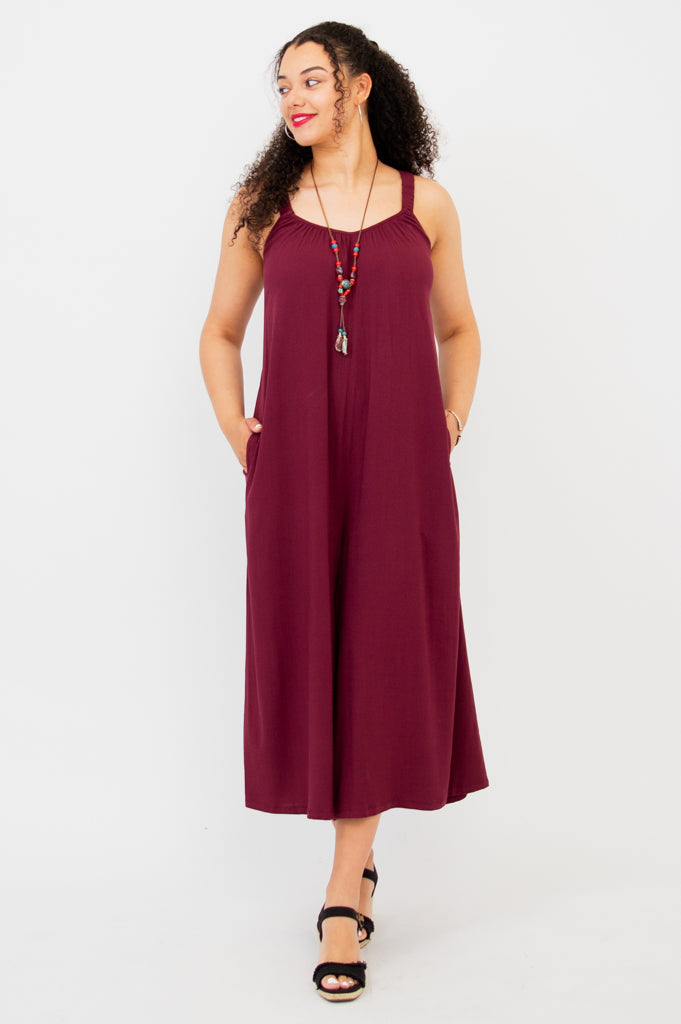 Joanna Jumpsuit - Women's Burgundy Linen Bamboo Romper | Comfortable & Stylish for Summer Outings, Beach Vacations & Casual Wear