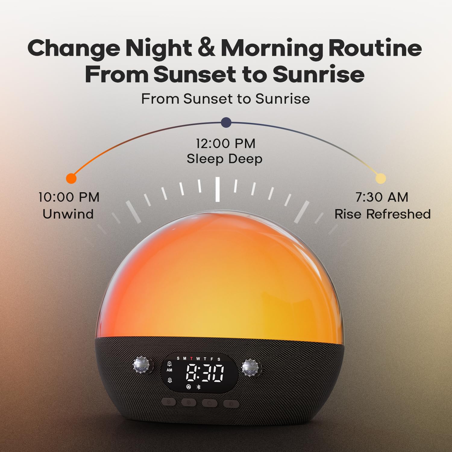 **Dekala RestOnn Sunrise Alarm Clock with Sunset Simulation - 7-Day Programmable Dual Alarm, White Noise & Natural Sounds for Sleep, Bluetooth Speaker, Amber Night Light & Smart App Control (Black) – Perfect for Bedrooms, Meditation & Relaxation**