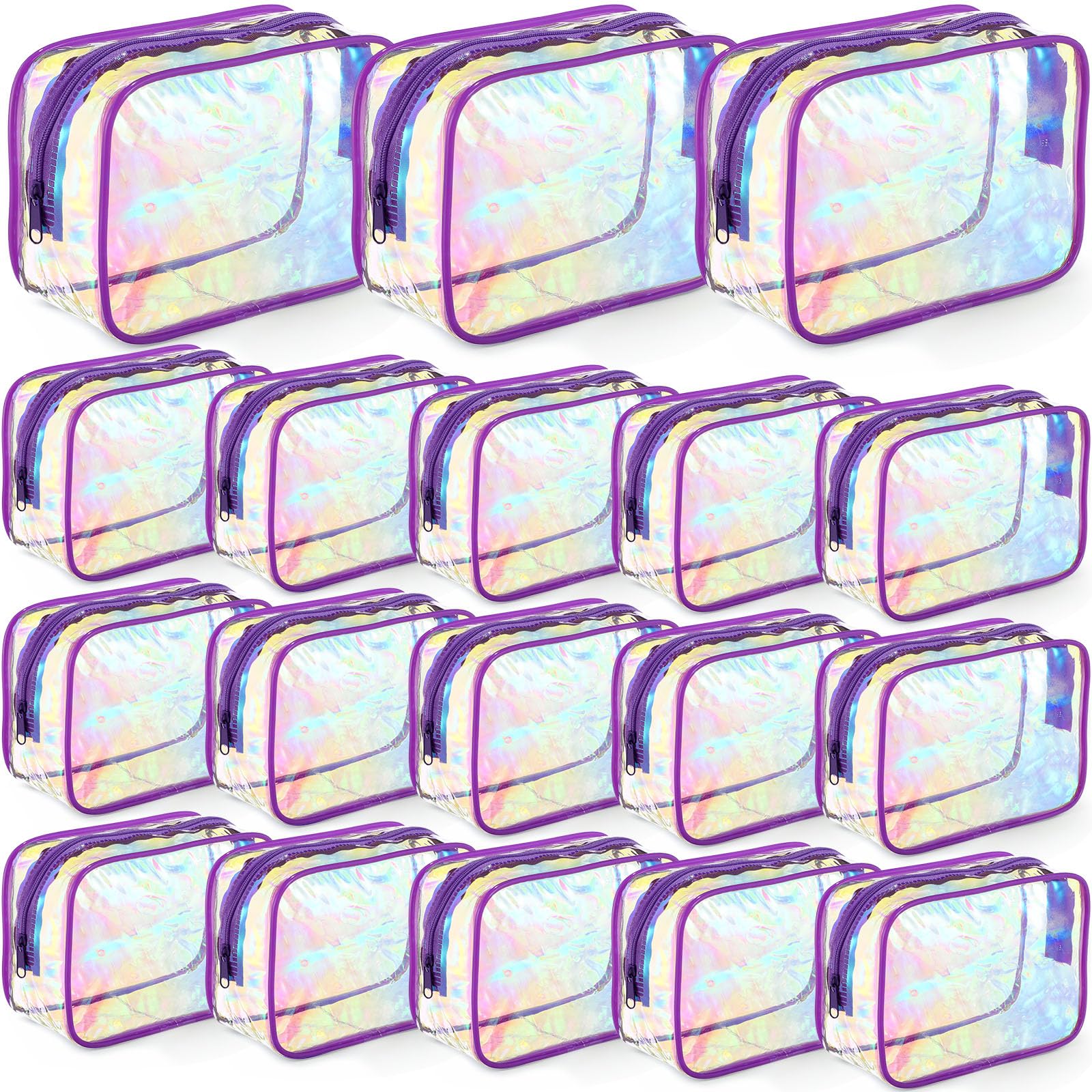 Saintrygo 18 Pack Clear PVC Makeup Bags 7x5 Inches - Waterproof Cosmetic & Toiletry Organizer with Zipper for Women & Men - Travel, Vacation, Gym, Bathroom Storage (Neon Colors, Purple Trim)