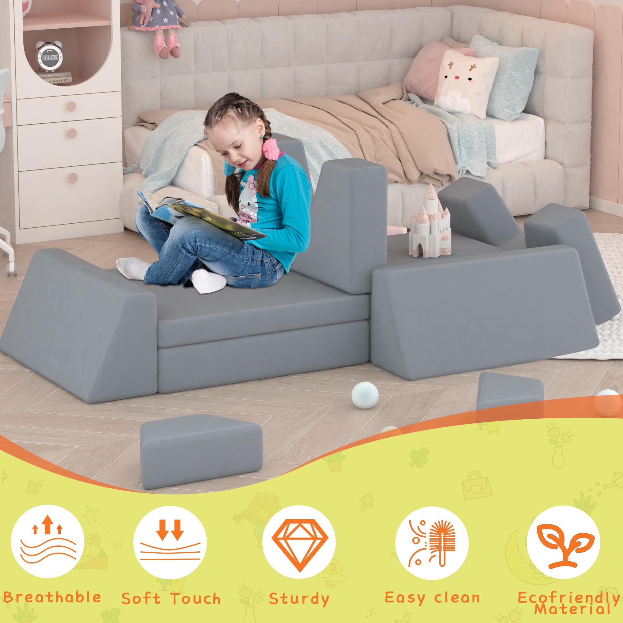 10-Piece Modular Kids Play Couch - Soft Foam Toddler Sofa for Building Forts & Playroom Fun | Durable, Washable & Safe for Babies & Children | Perfect for Indoor Play, Learning & Creative Activities
