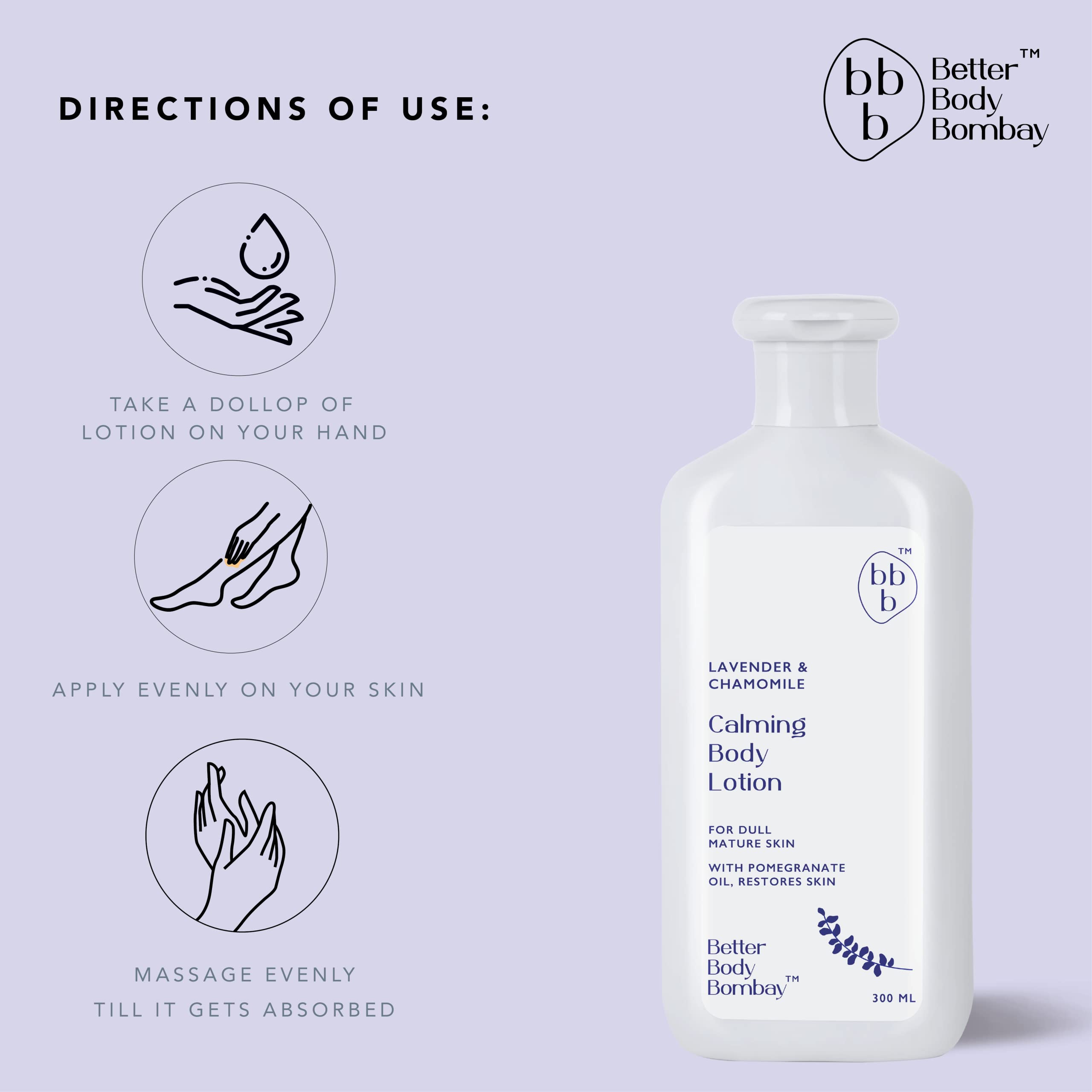 Better Body Bombay Lavender & Chamomile Calming Body Lotion for All Skin Types | Soothes, Relaxes & Hydrates Dry, Dull & Mature Skin | Pack of 2 (300ml) | Perfect for Nighttime Relaxation, Spa Days & Stress Relief