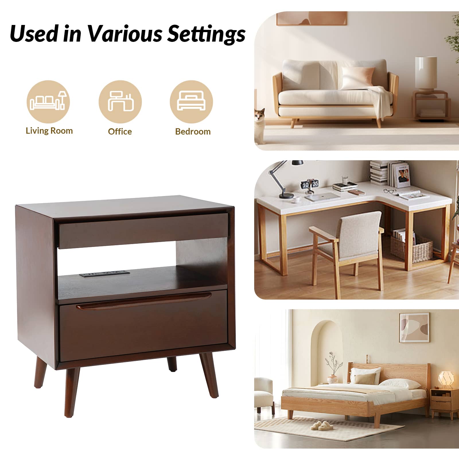 Mid Century Modern Nightstand with 2 Drawers & Built-In Outlets - Giralda Bedside Table for Bedroom, Living Room & Office (Optional Types)