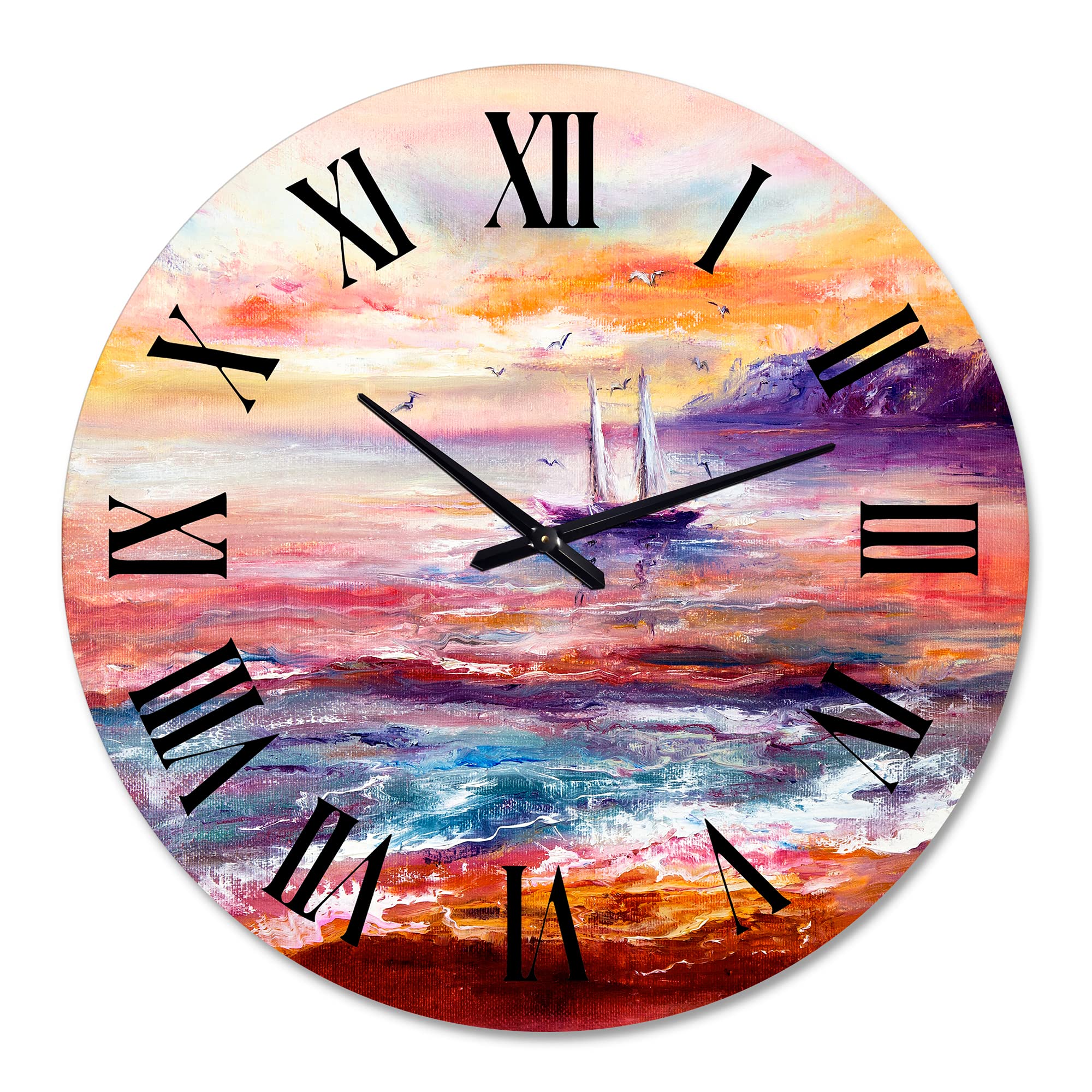 DesignQ Nautical Coastal Wall Clock - 12 Inch Round Boat Ocean Sunset Decor for Living Room, Bedroom, Office | Perfect for Beach House & Coastal Home Decor