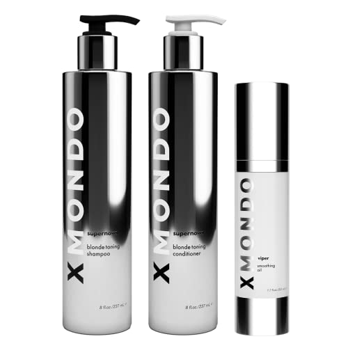 XMONDO Hair Viper Smoothing Oil 1.7 Fl Oz & Supernova Blonde Toning Shampoo Conditioner Set 8 Fl Oz - Vegan Hair Care Bundle to Reduce Brassiness, Repair Dry Damaged Hair - Ideal for Blonde, Bleached or Highlighted Hair at Home or Salon