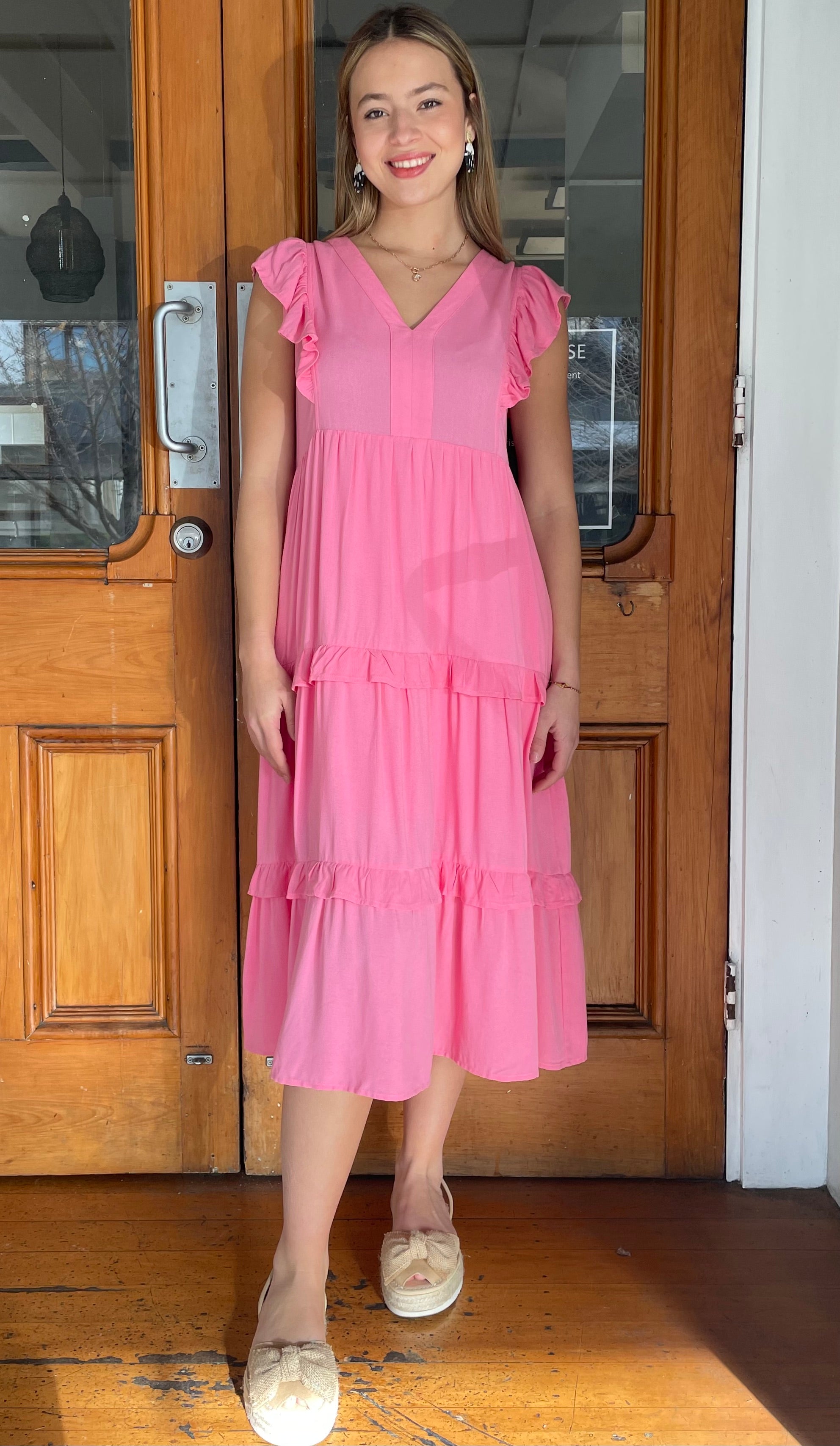 Jayla Ruffled Tiered Midi Dress - Soft Pink Floral Summer Dress for Women, Perfect for Beach Vacation, Date Night & Outdoor Parties