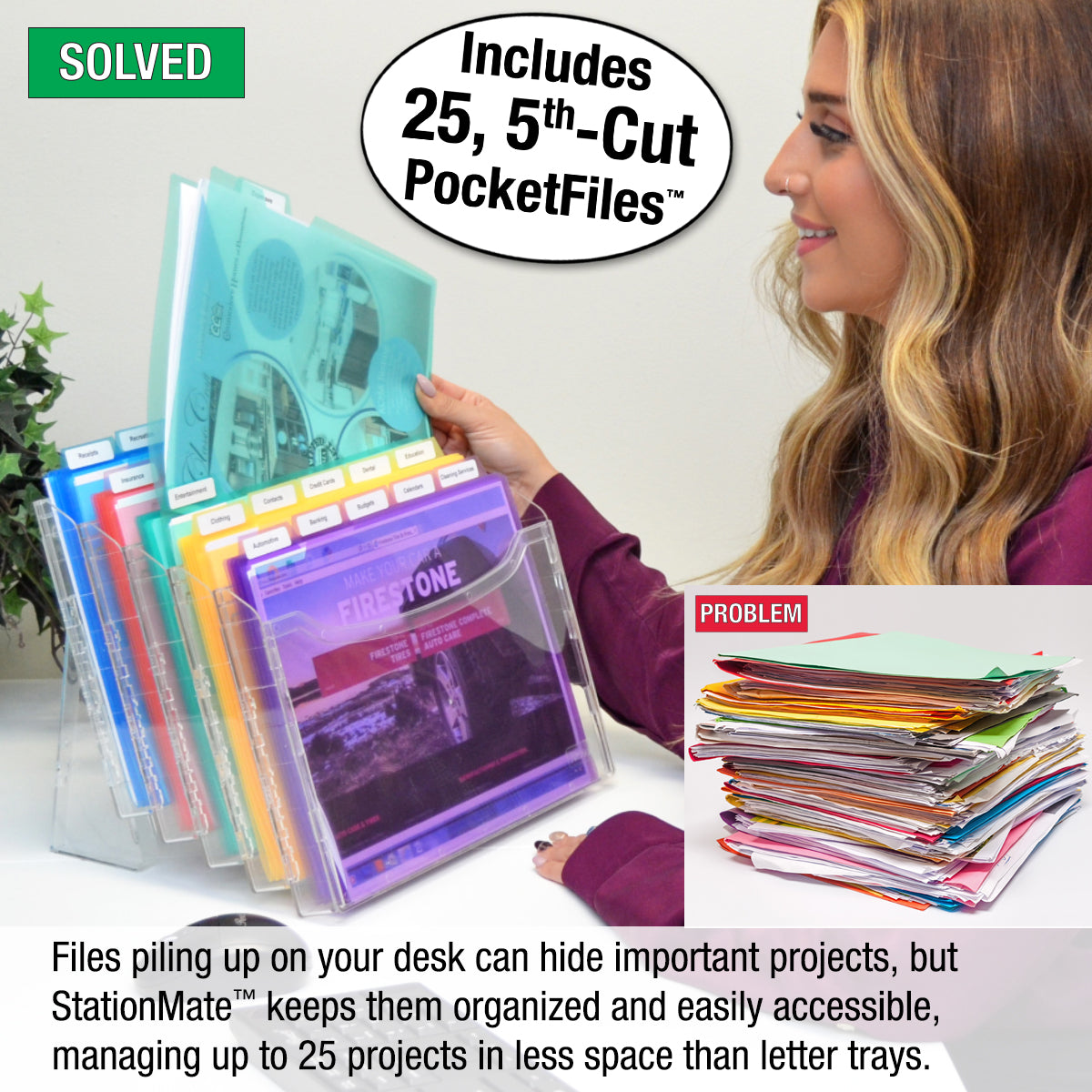 StationMate™ 5-Compartment Inclined Step-Up File Desktop Organizer with 25 PocketFile™ Project Folders - Perfect for Office, Home & School Organization
