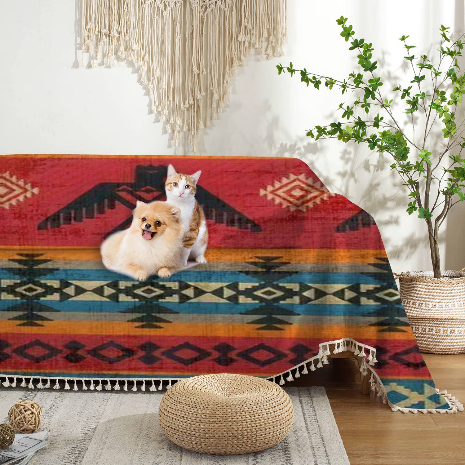 Washable Ethnic Geometric Tribal Sofa Cover - Native American Style Slipcover, Couch Protector & Throw Blanket for Living Room & Bedroom (70'' x 90'') - Pet-Friendly Furniture Protector for Couches, Sofas & Sectionals