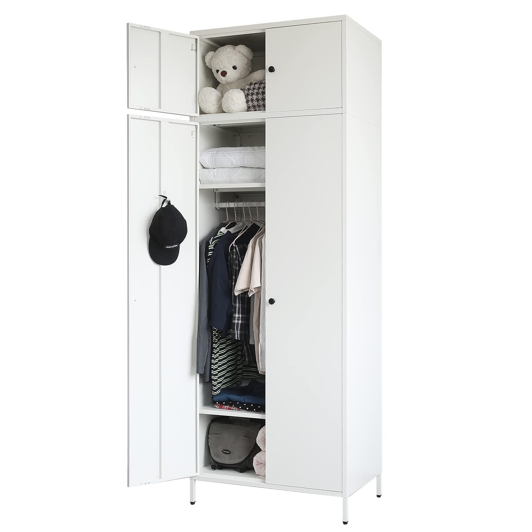 BESFUR Freestanding Wardrobe Closet - White Metal Armoire with Adjustable Hanging Rod & Storage Cabinet (20