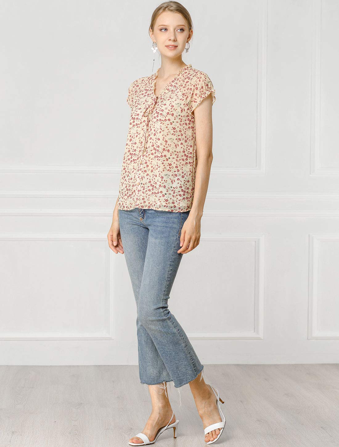 Allegra K Women's Floral Print V-Neck Short Sleeve Chiffon Blouse - Summer Casual Ruffle Top for Work, Date Night & Outdoor Events