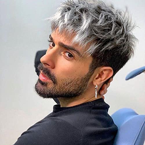 Men's Short Hair Synthetic Wig - Grey & Black Mix - Natural Looking Hair Replacement for Thinning Hair - Perfect for Daily Wear, Cosplay & Costume Parties