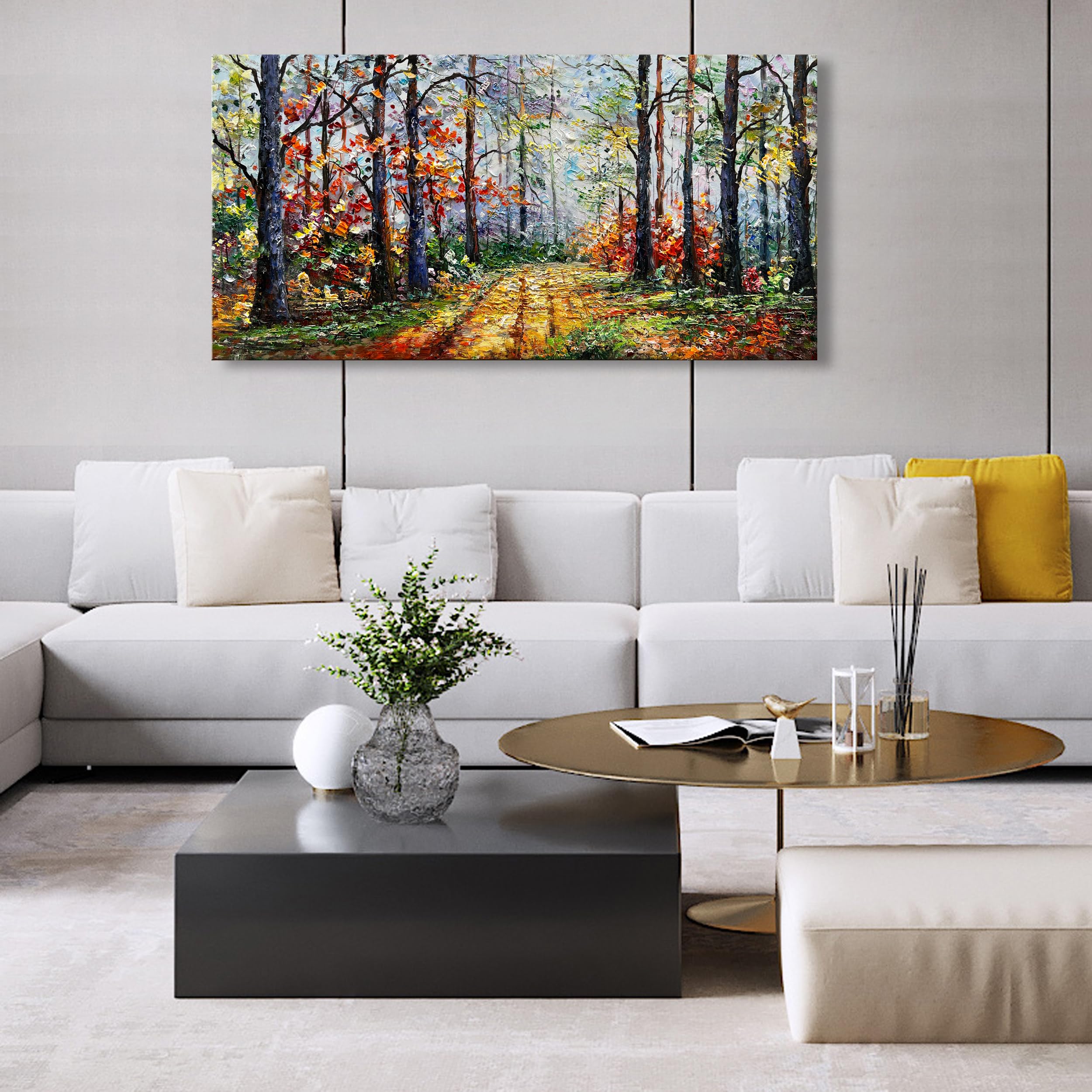 Modern Abstract Art Forest Landscape Oil Painting - 24x48 Inches Wall Decor for Living Room, Bedroom & Office - Handmade Canvas Artwork for Home & Office Decoration