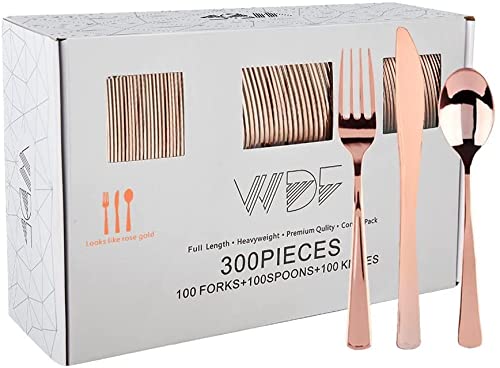 300-Piece Rose Gold Plastic Cutlery Set - Elegant Disposable Silverware for 30 Guests, Includes Pink Plastic Plates - Perfect for Weddings, Parties, and Special Events