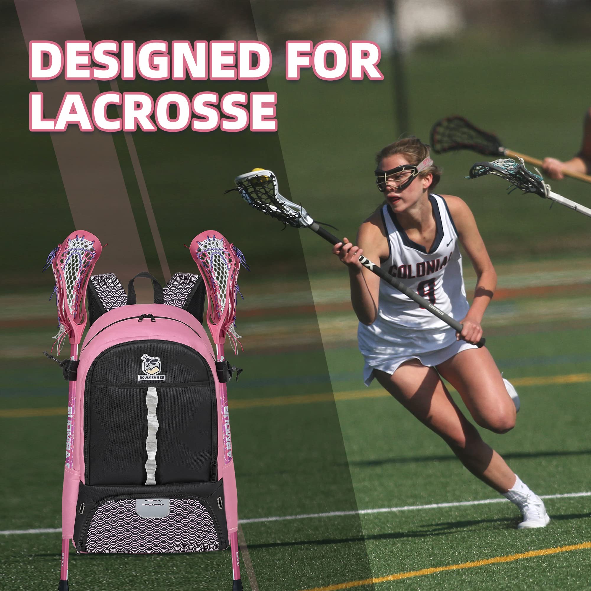 Boulder Bee Lacrosse Backpack with Stick Holders - Durable Field Hockey Bag for Women & Girls - Perfect for Training, Games & Travel | Sports Equipment Gift Idea